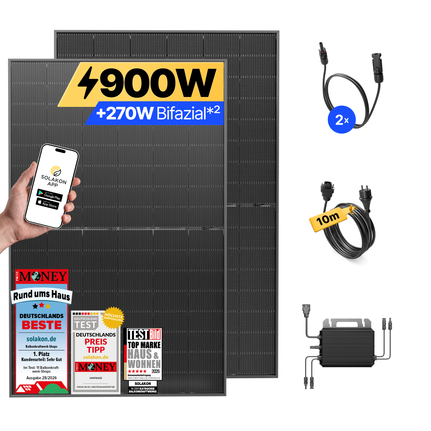 Solarmodul-Set mit App-Steuerung, Wechselrichter und Kabeln für 900W Leistung.