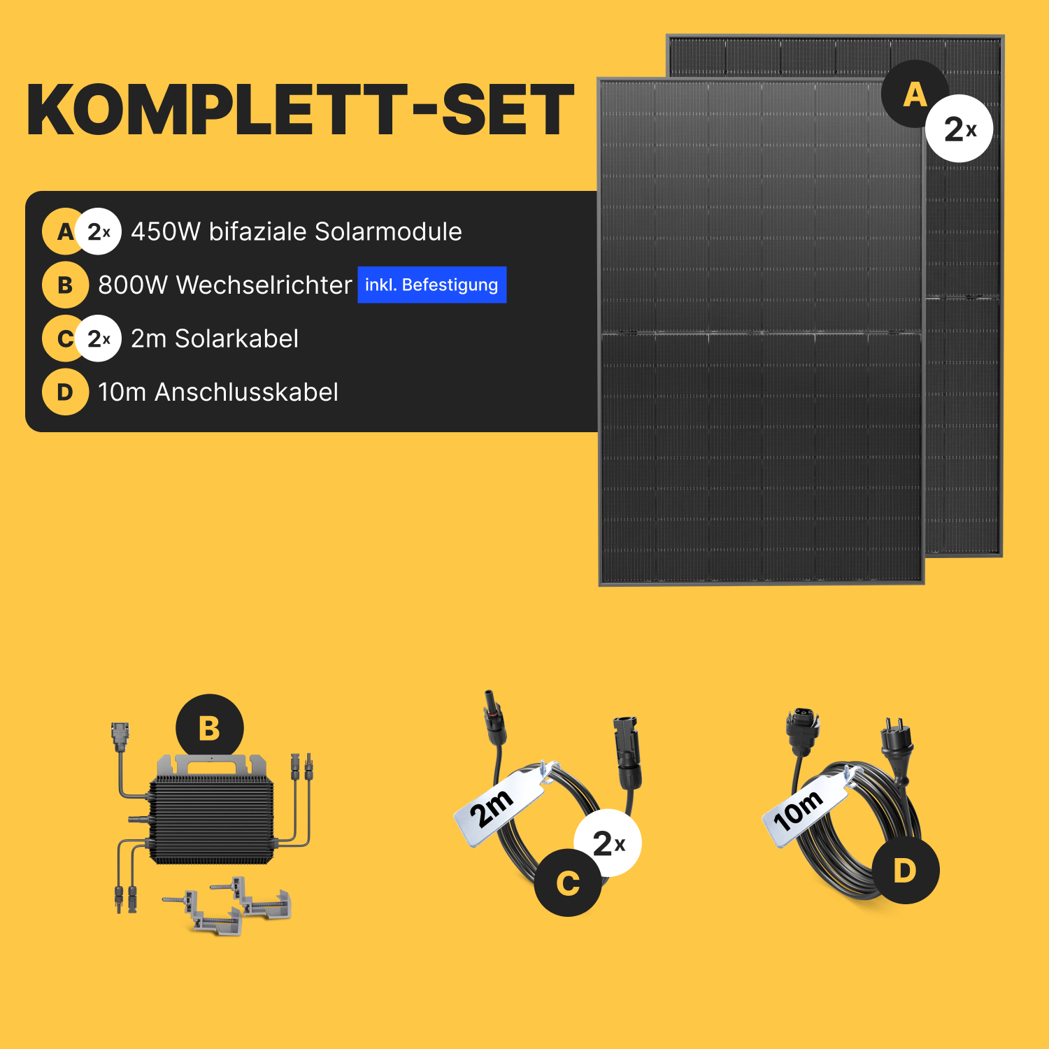 Komplettset mit zwei 450W Solarmodulen, Wechselrichter und Kabeln auf gelbem Hintergrund.