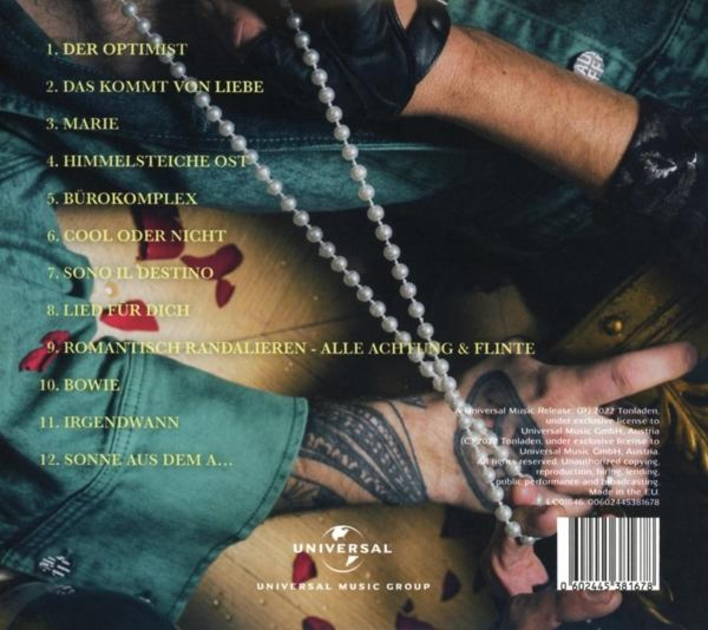 Albumrückseite mit titelliste und tätowierten händen, die eine perlenkette halten.
