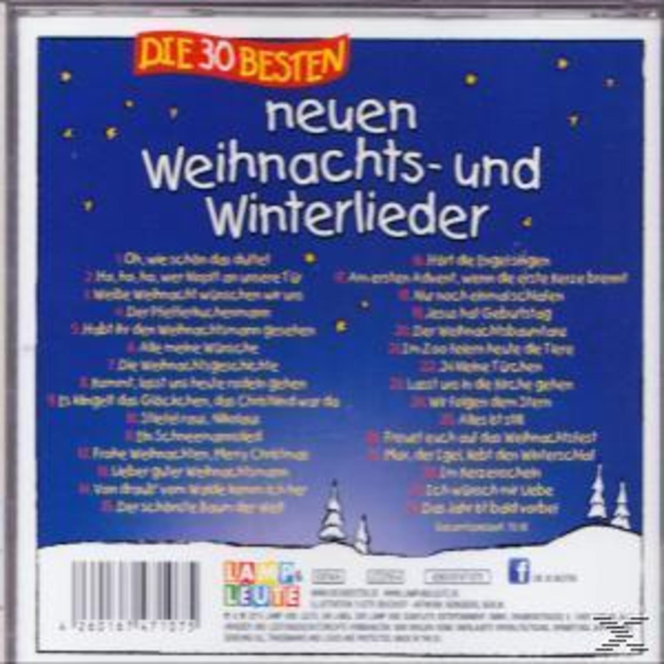 Blaue CD-Rückseite mit weißem Text, gelben Sternen und einer winterlichen Schneelandschaft.