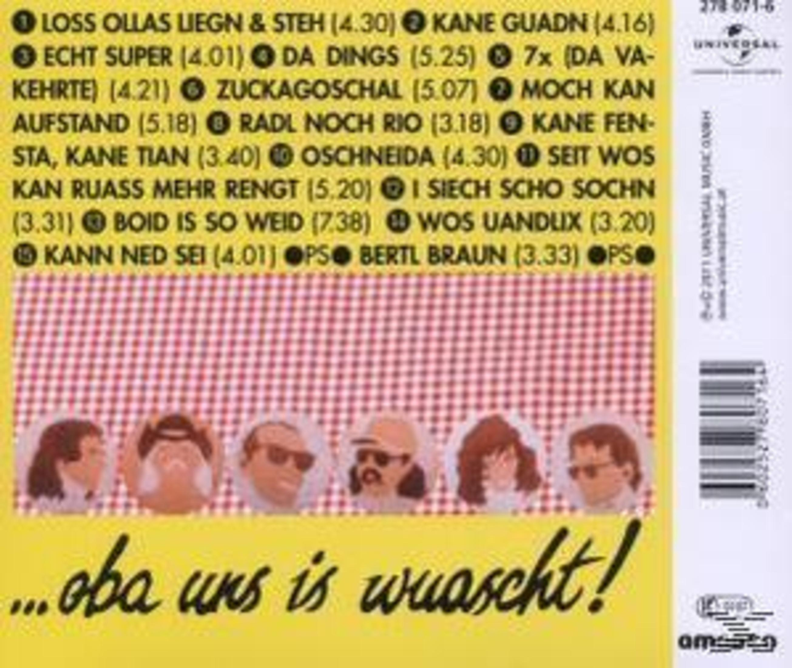 Rückseite einer Musik-CD mit Tracklist, sechs kleinen Gesichtern und der gelben Aufschrift ...oba uns is wuascht!.