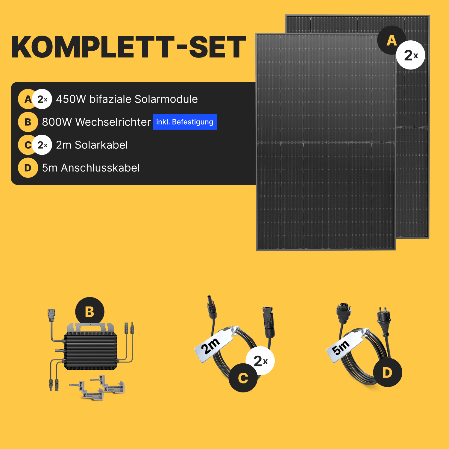 Produktübersicht für ein Solarset mit Solarmodulen, Wechselrichter und Kabeln auf gelbem Hintergrund.