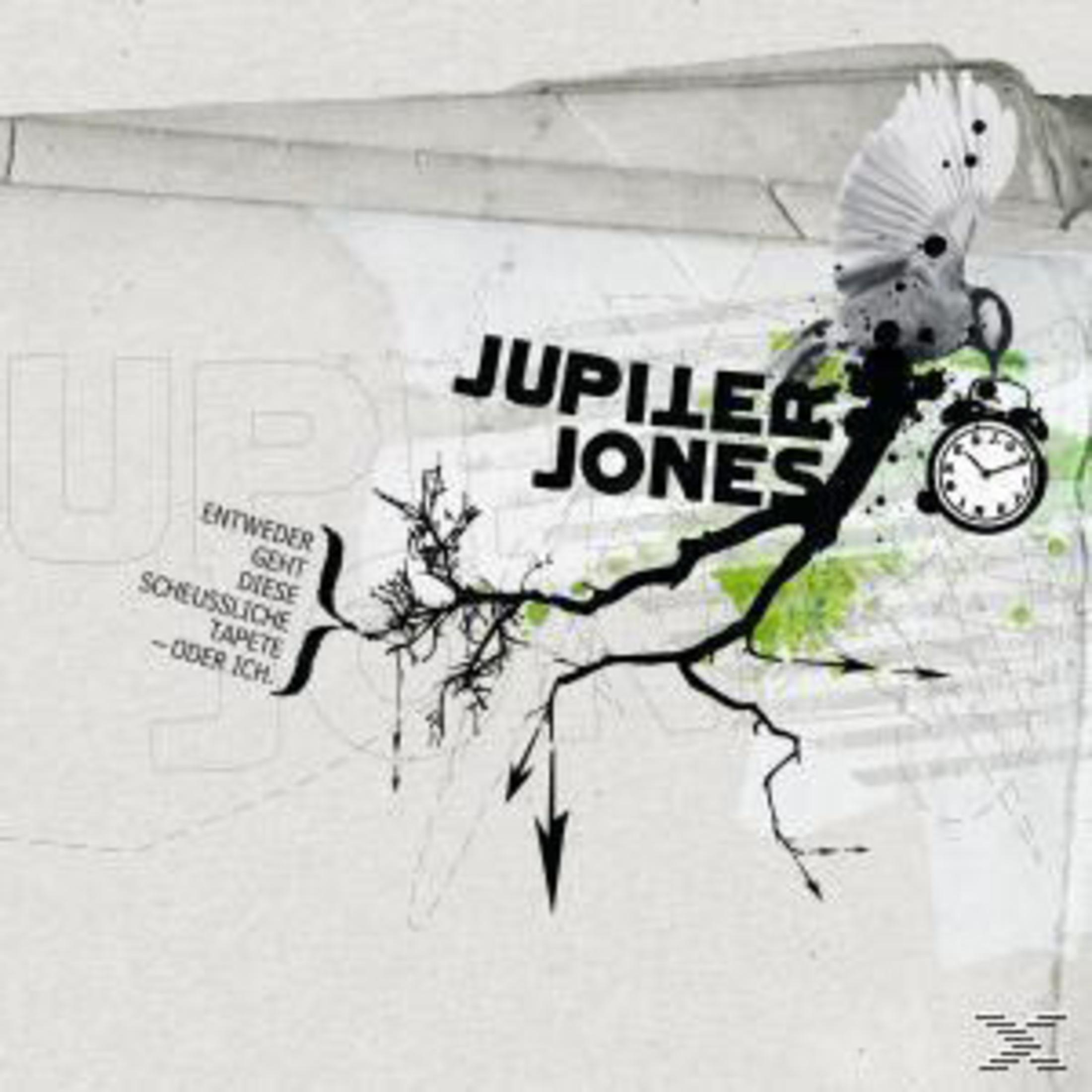 Albumcover mit dem Text 'Jupiter Jones', einer Uhr, einem Vogel und Textfragmenten auf grauem Hintergrund.