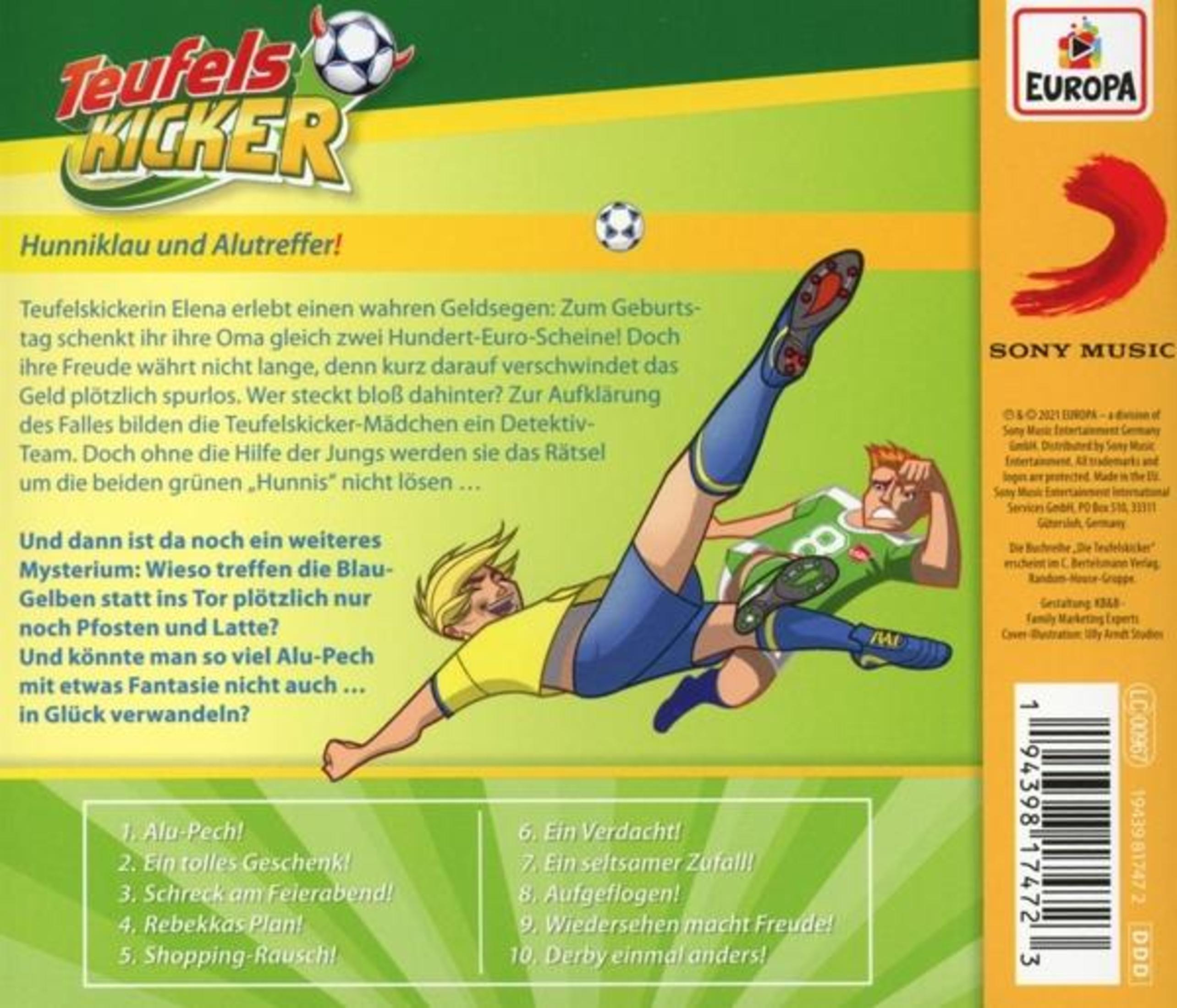 Rückseite der Hörspiel-CD Teufelskicker mit Teasertext, Songliste und Illustration einer kickenden Spielerin.