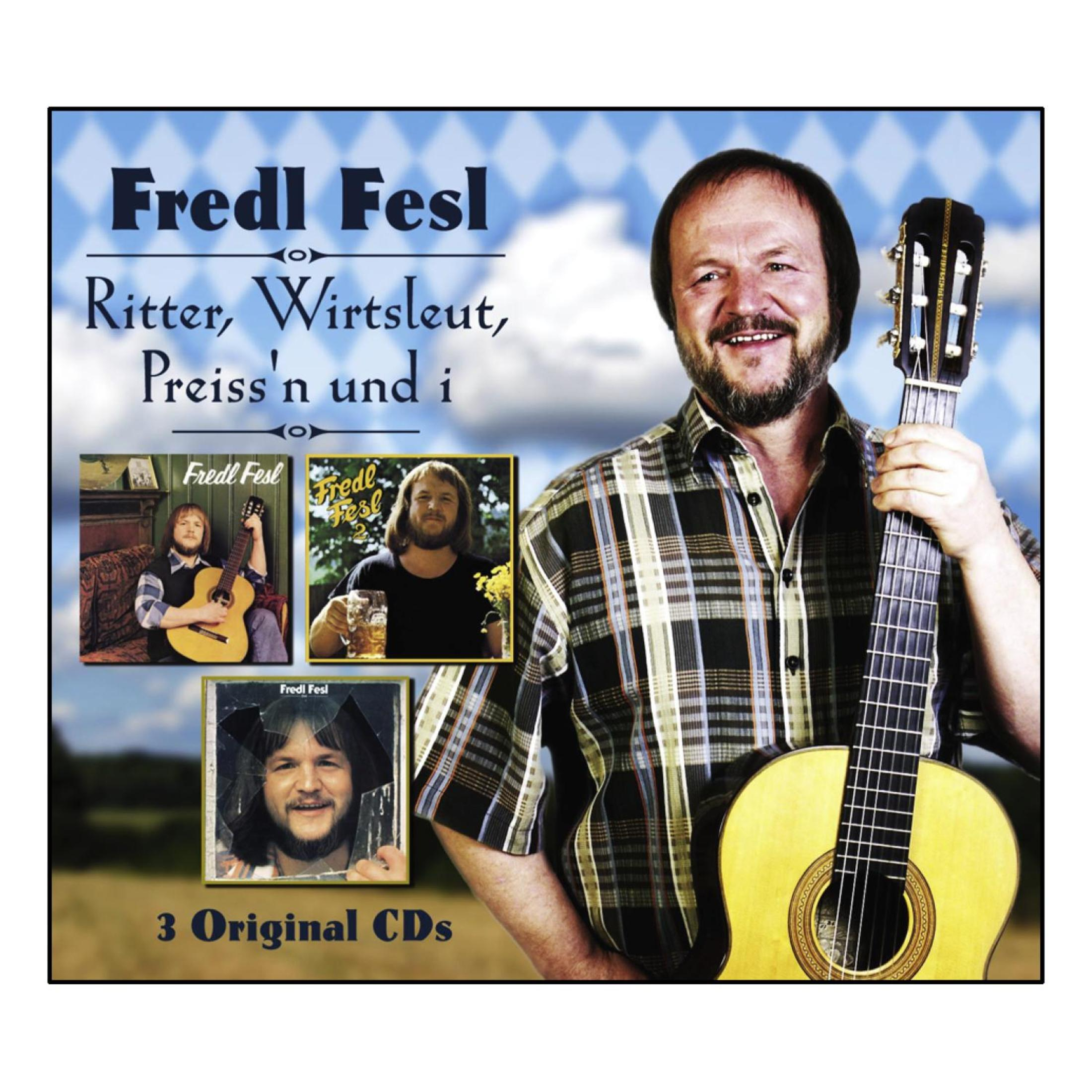 Albumcover mit Fredl Fesl und Gitarre sowie kleineren Insets vor blau-weißem Hintergrund.