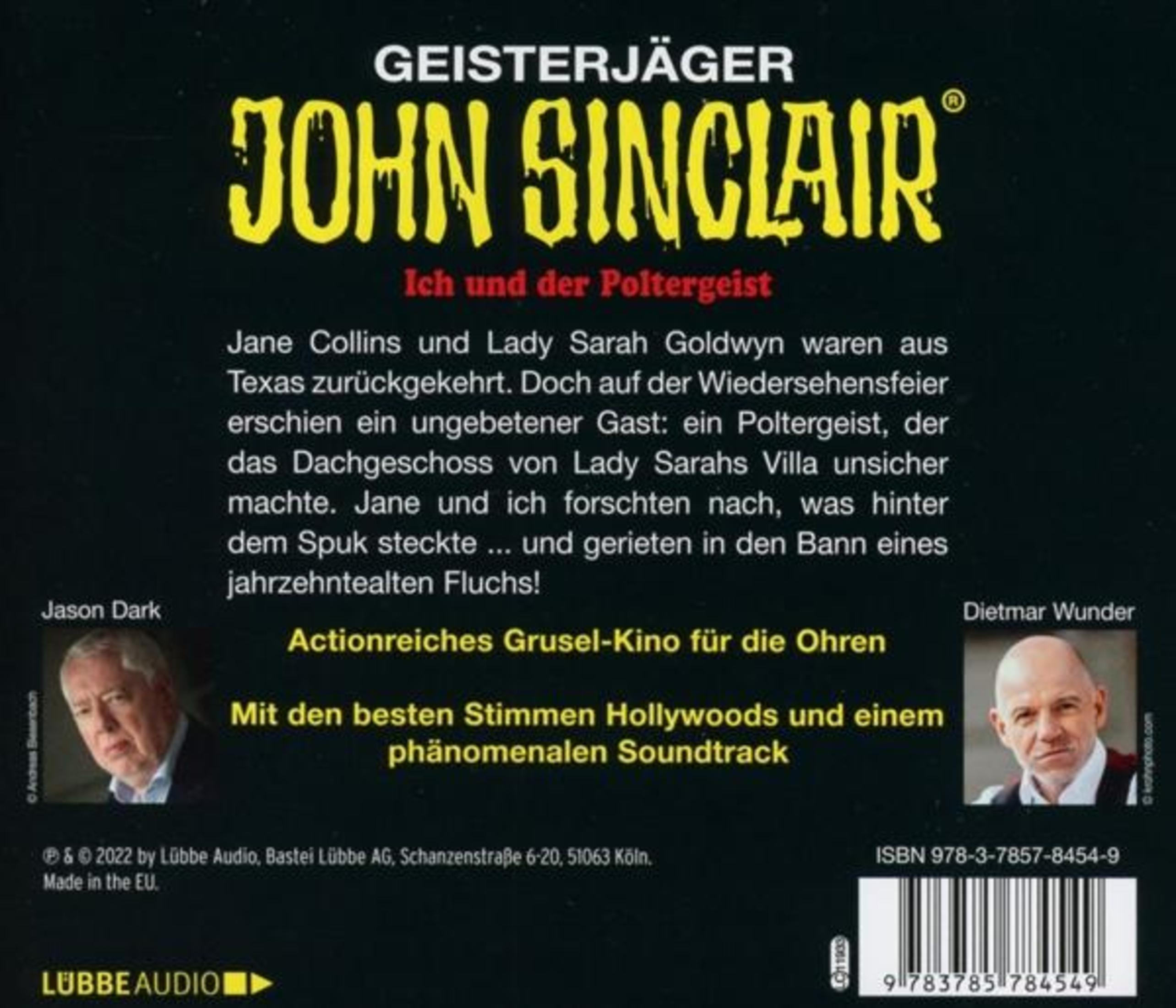 Rückseite des Hörbuchs Geisterjäger John Sinclair mit Text, Autor, Sprecher, Barcode und Verlagslogo.