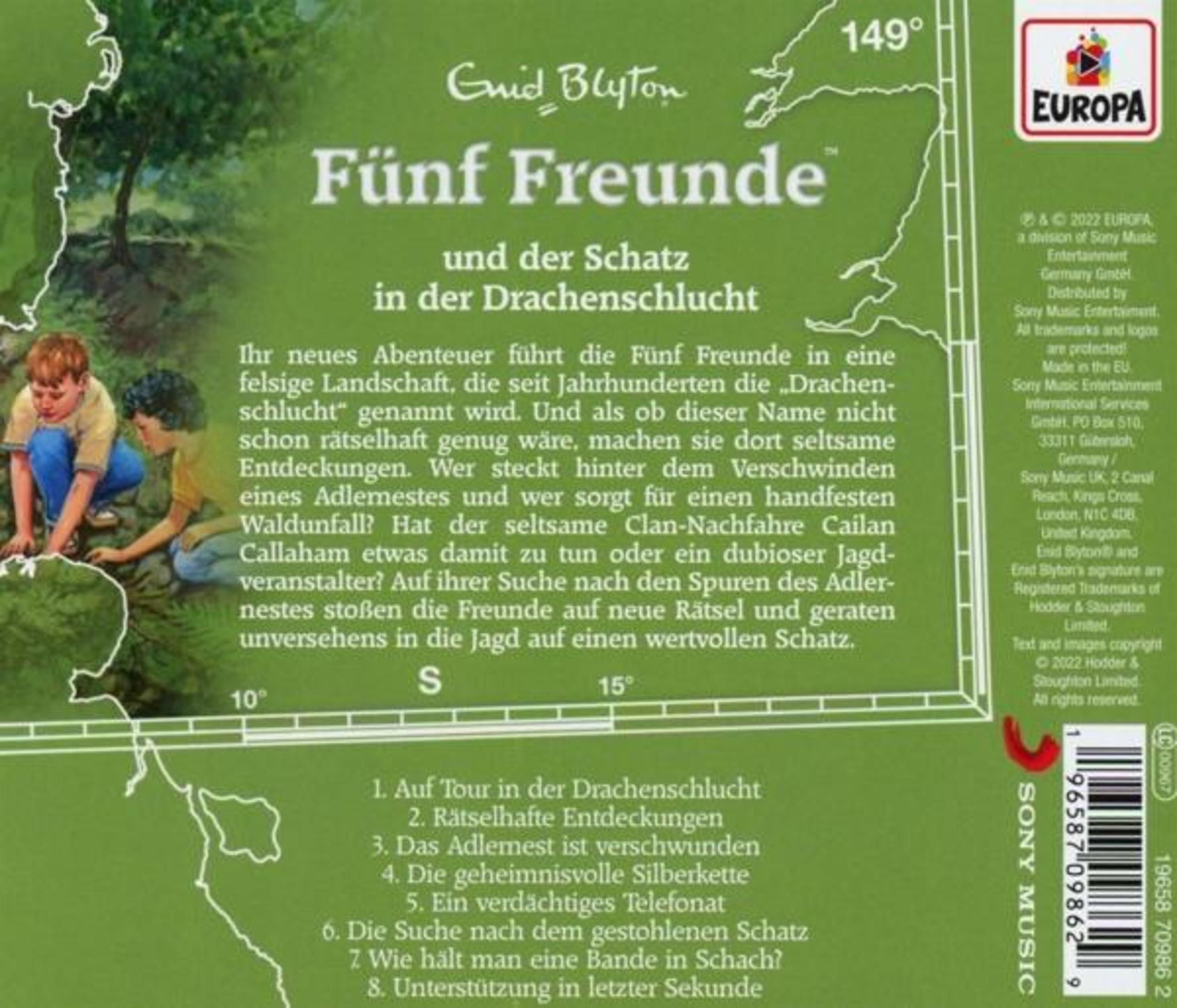 Rückseite einer Fünf-Freunde-Hörspiel-CD mit Beschreibung und Kapitelliste auf grünem Hintergrund.