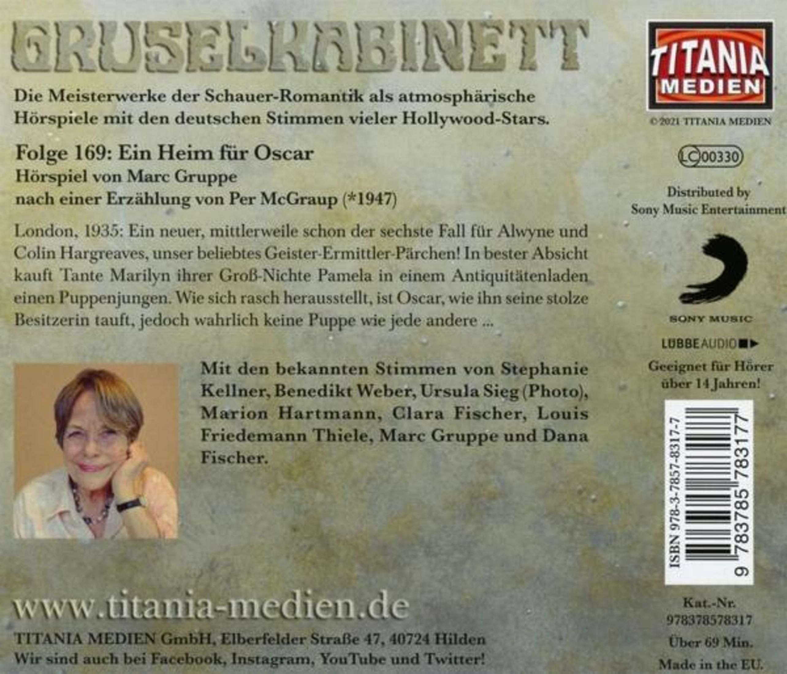 Rückseite des Hörbuchs "Gruselkabinett - Ein Heim für Oscar" mit Texten, Bild und Titania-Medien-Logo.