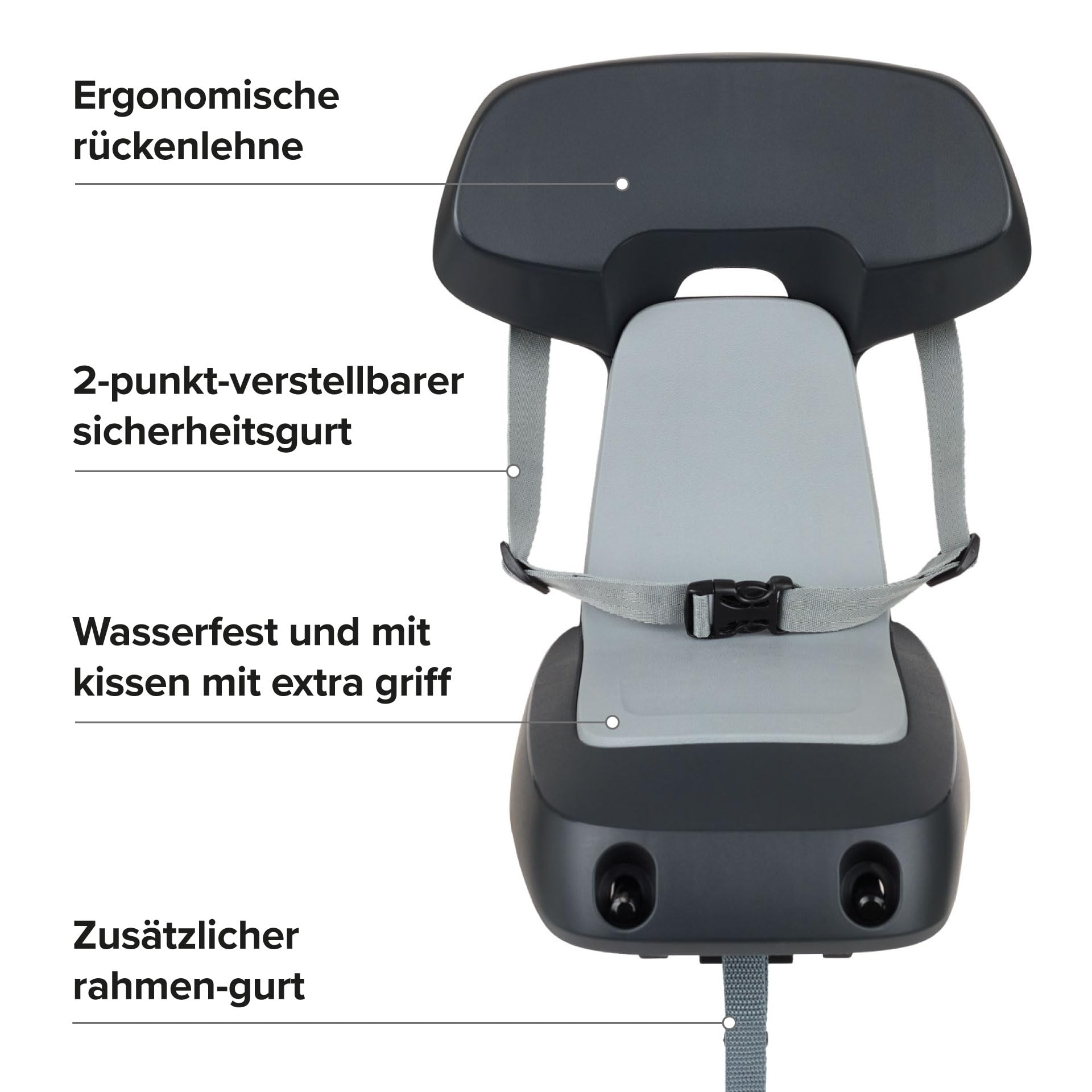 Seggiolino per bicicletta per bambini con parti grigie e nere e imbracatura di sicurezza, etichettato.