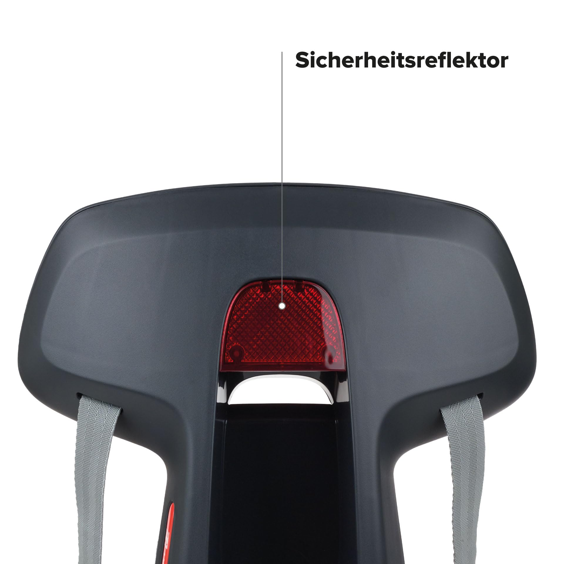 Vista posteriore di un seggiolino per bici per bambini nero con catarifrangente rosso e cinghie grigie.