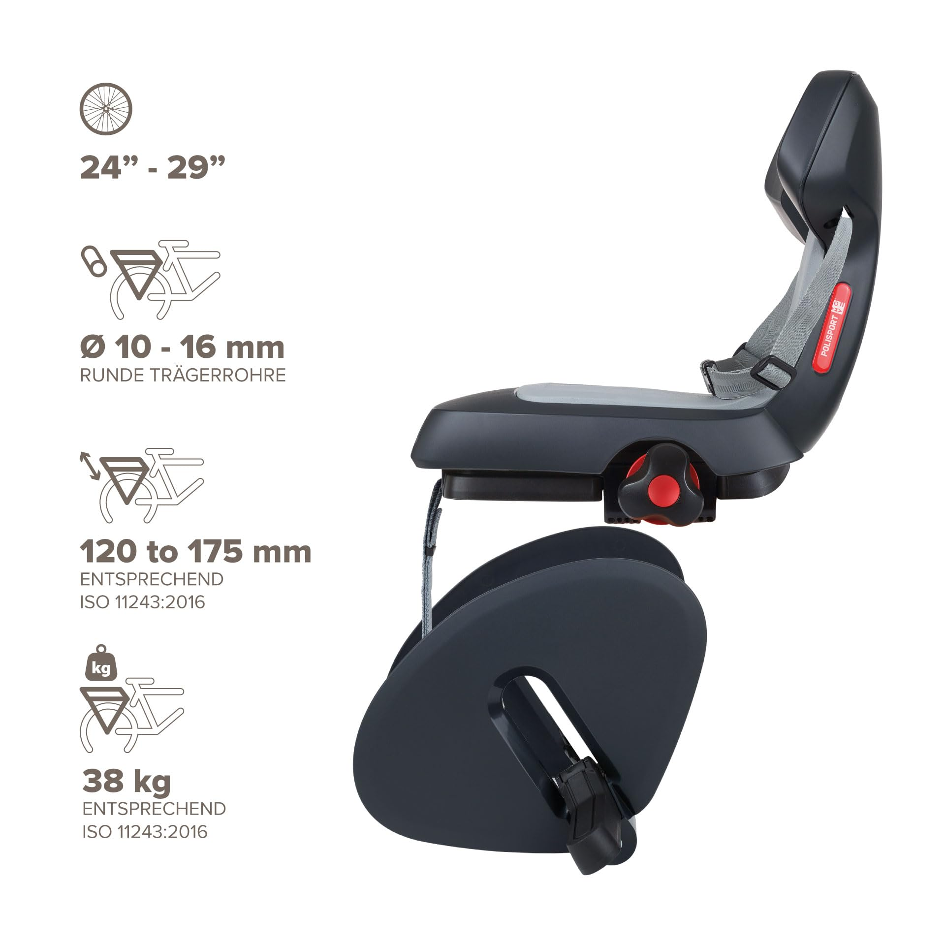 Seggiolino per bici grigio con imbottitura grigia e icone di misura tecnica a sinistra.