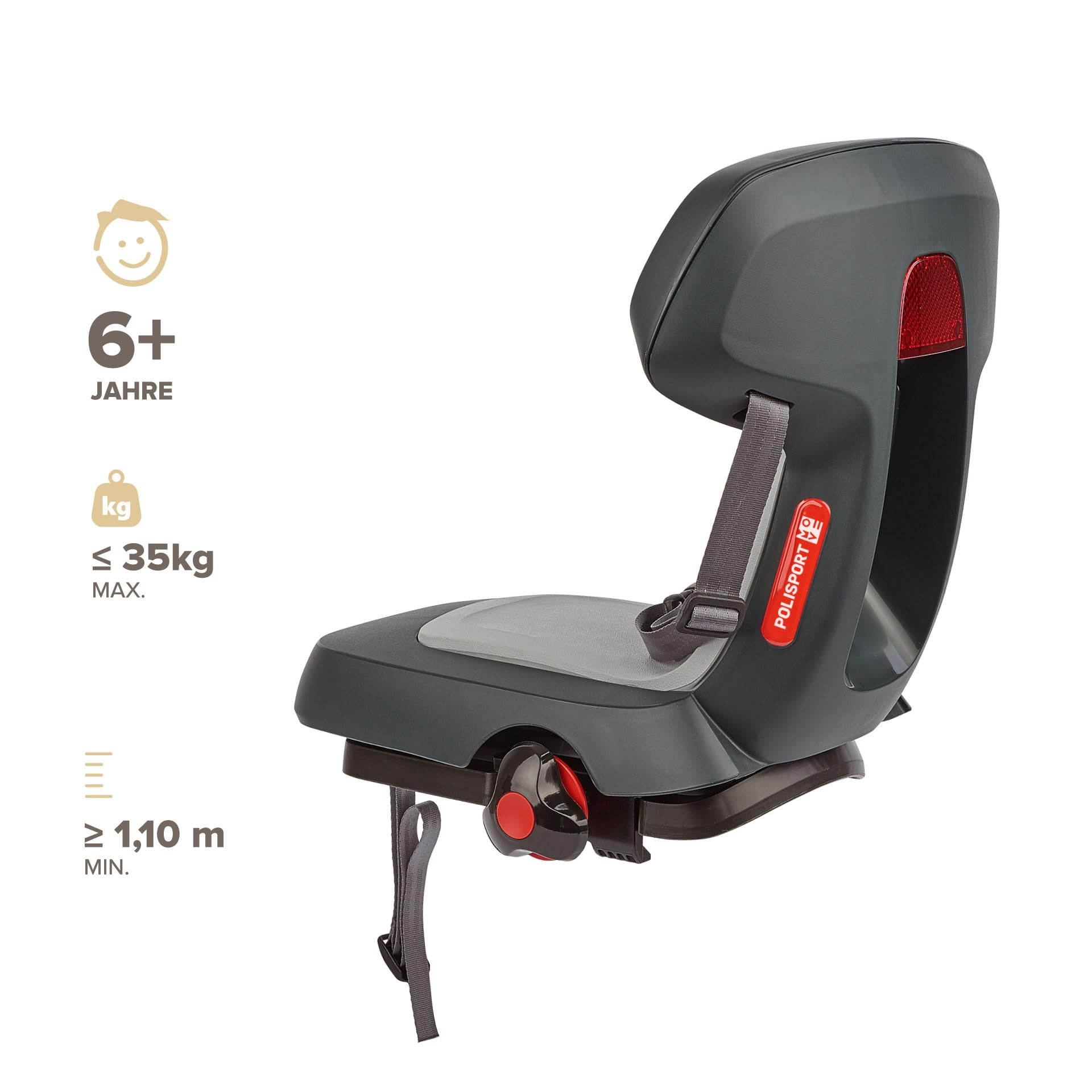 Seggiolino bici grigio per bambini con cinghie grigie e dettagli rossi, per 6+ anni, max 35kg.