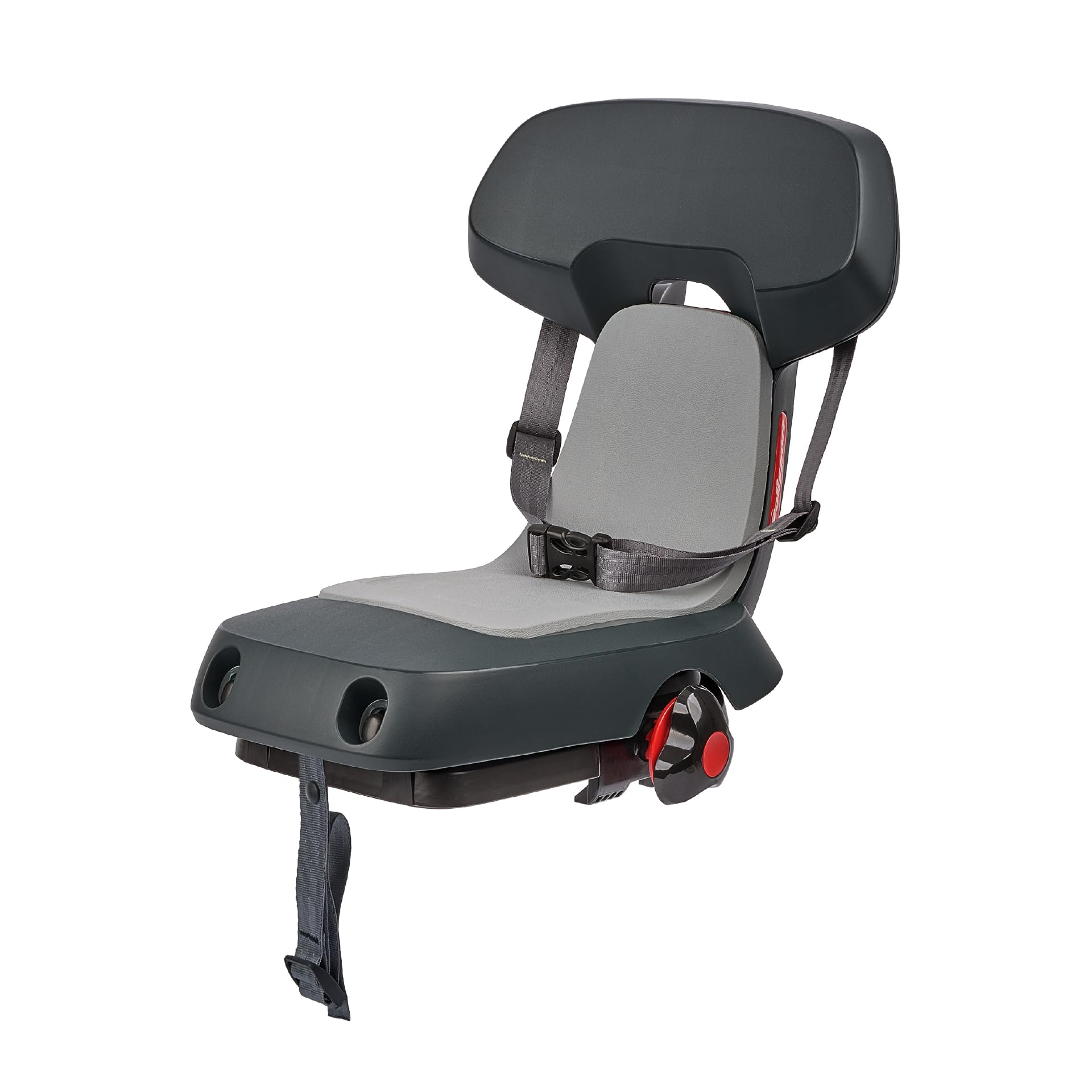 Seggiolino per bici da bambino grigio con schienale, imbottitura grigia e cintura di sicurezza su sfondo bianco.