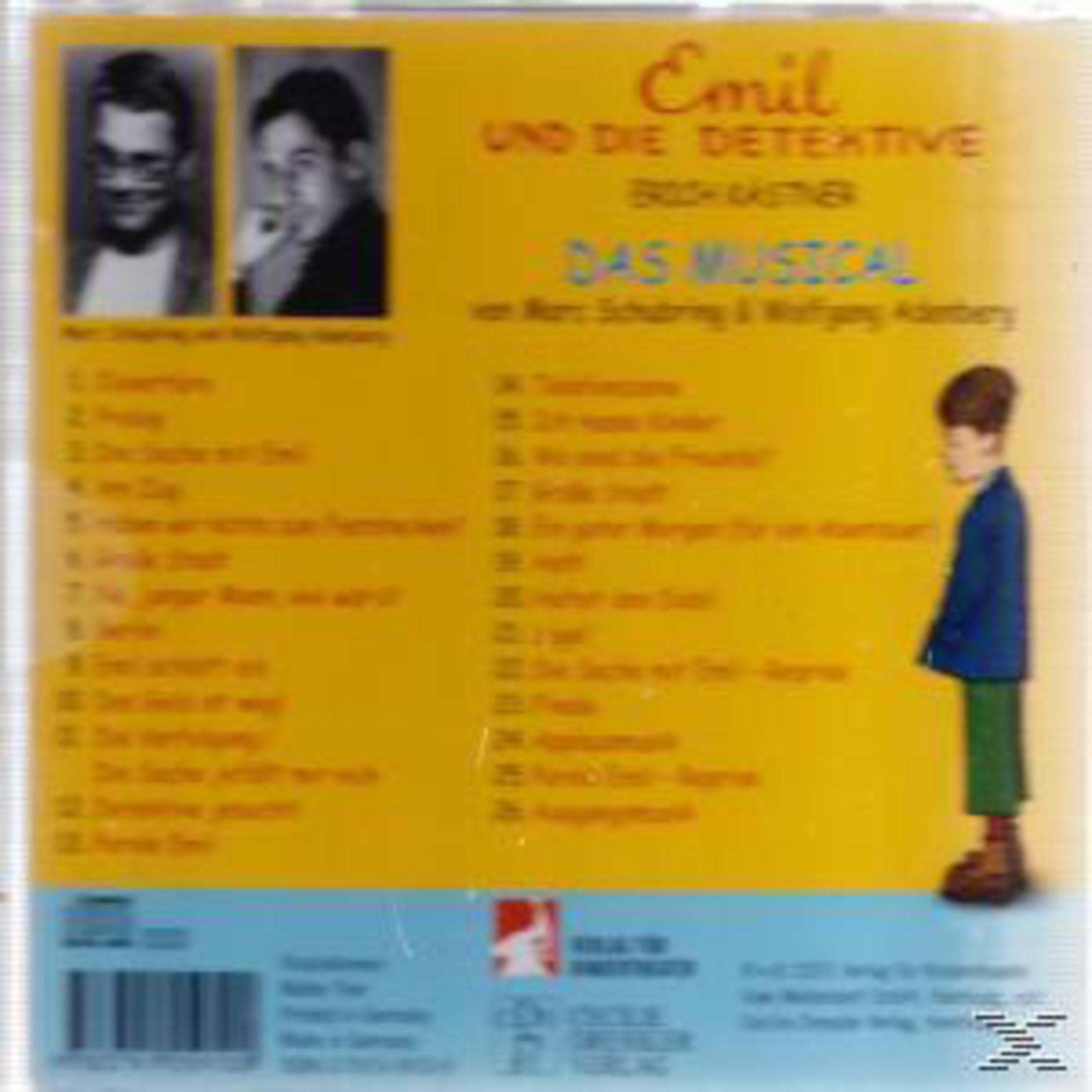 CD-Rückseite für "Emil und die Detektive" mit Trackliste, zwei Fotos und einer Illustration eines Jungen.