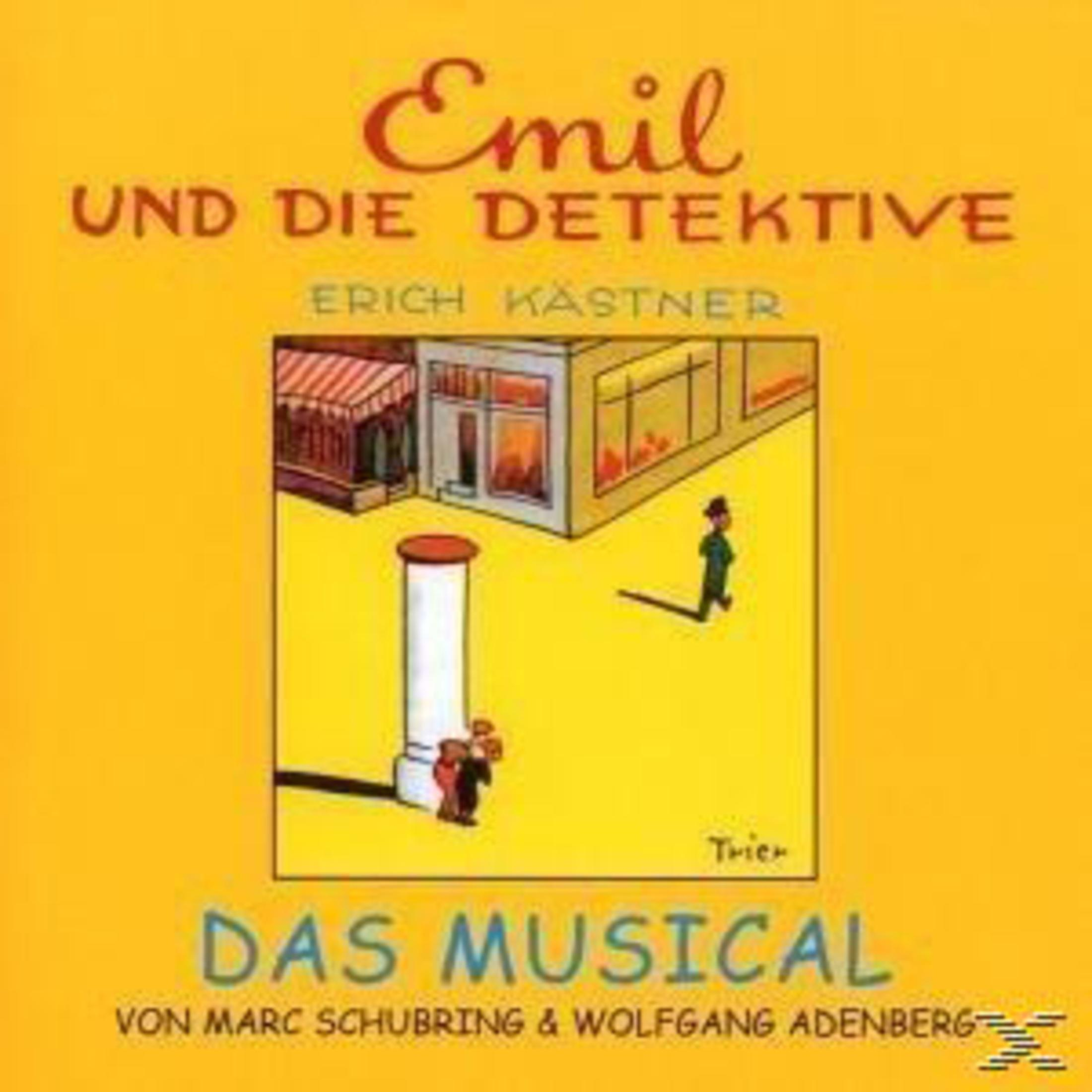 Buchcover für Emil und die Detektive mit gelbem Hintergrund und einer Zeichnung einer Straßenszene und Figuren.