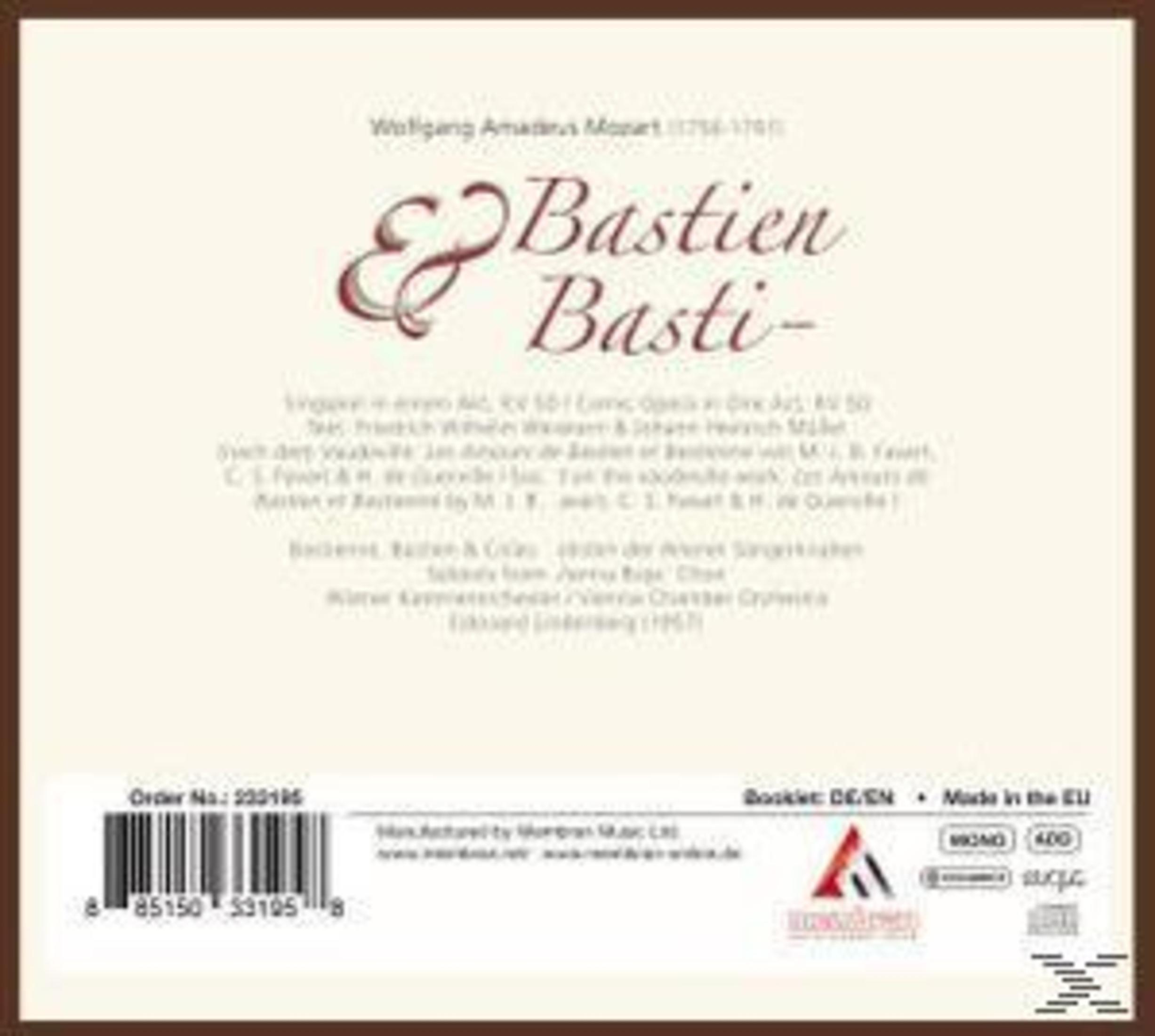 Rückseite einer CD-Hülle für Wolfgang Amadeus Mozarts Bastien und Bastienne mit Text und Barcode.