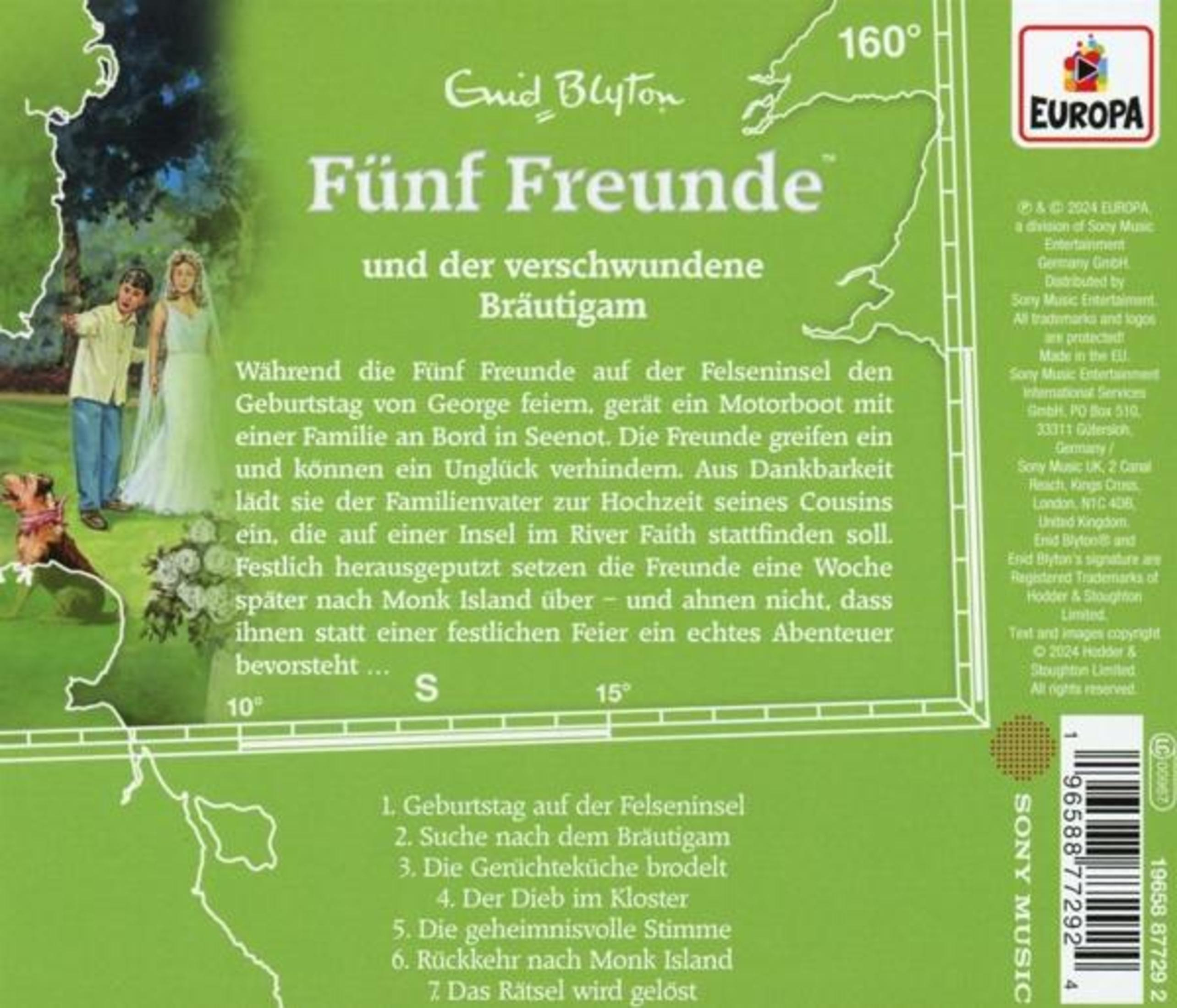 Rückseite einer Fünf-Freunde-Hörspiel-CD mit Beschreibung und Kapitelliste auf grünem Hintergrund.