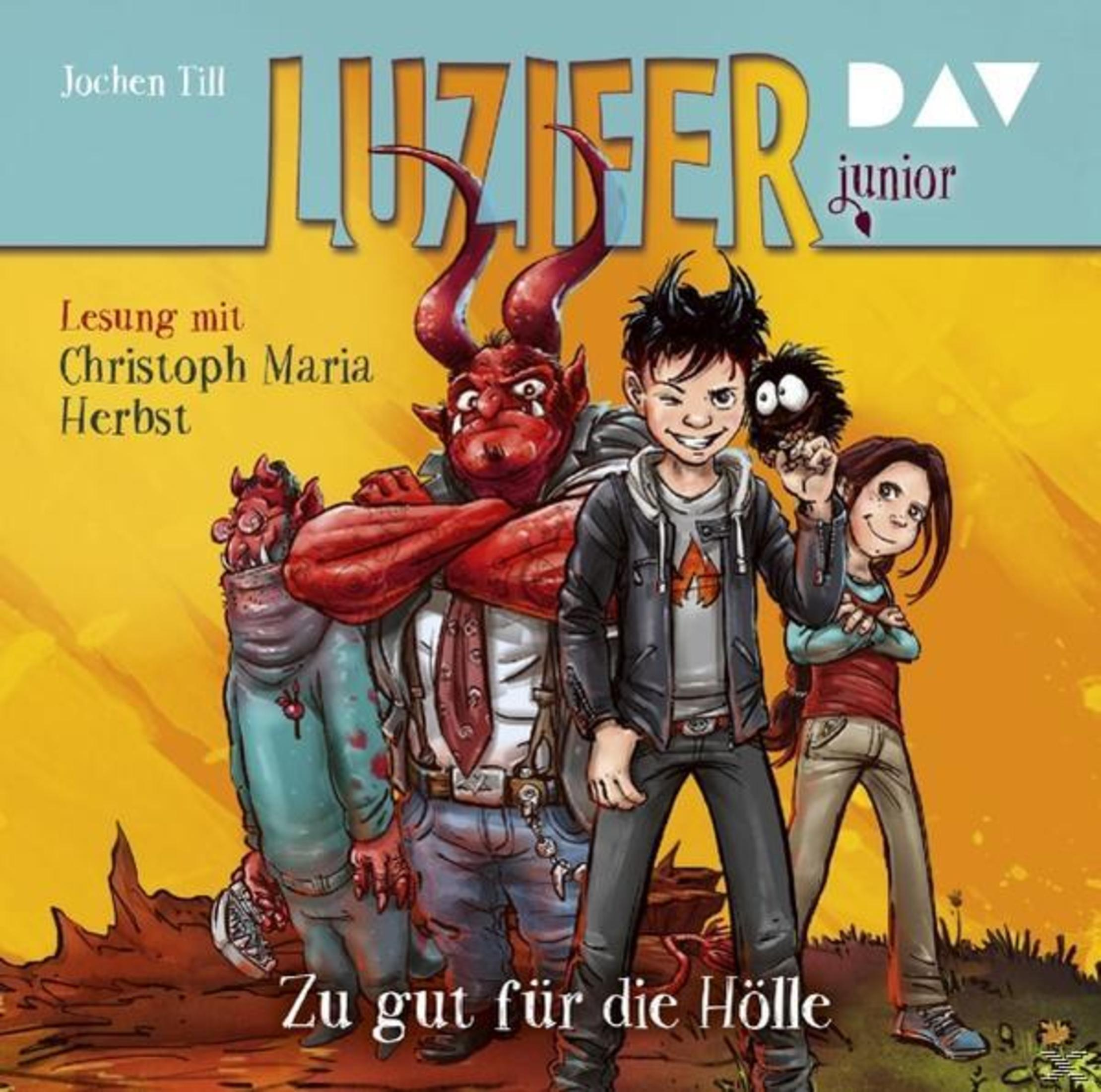 Illustration für Luzifer junior, zeigt einen roten Teufel, einen Jungen, ein kleines Monster und ein Mädchen.