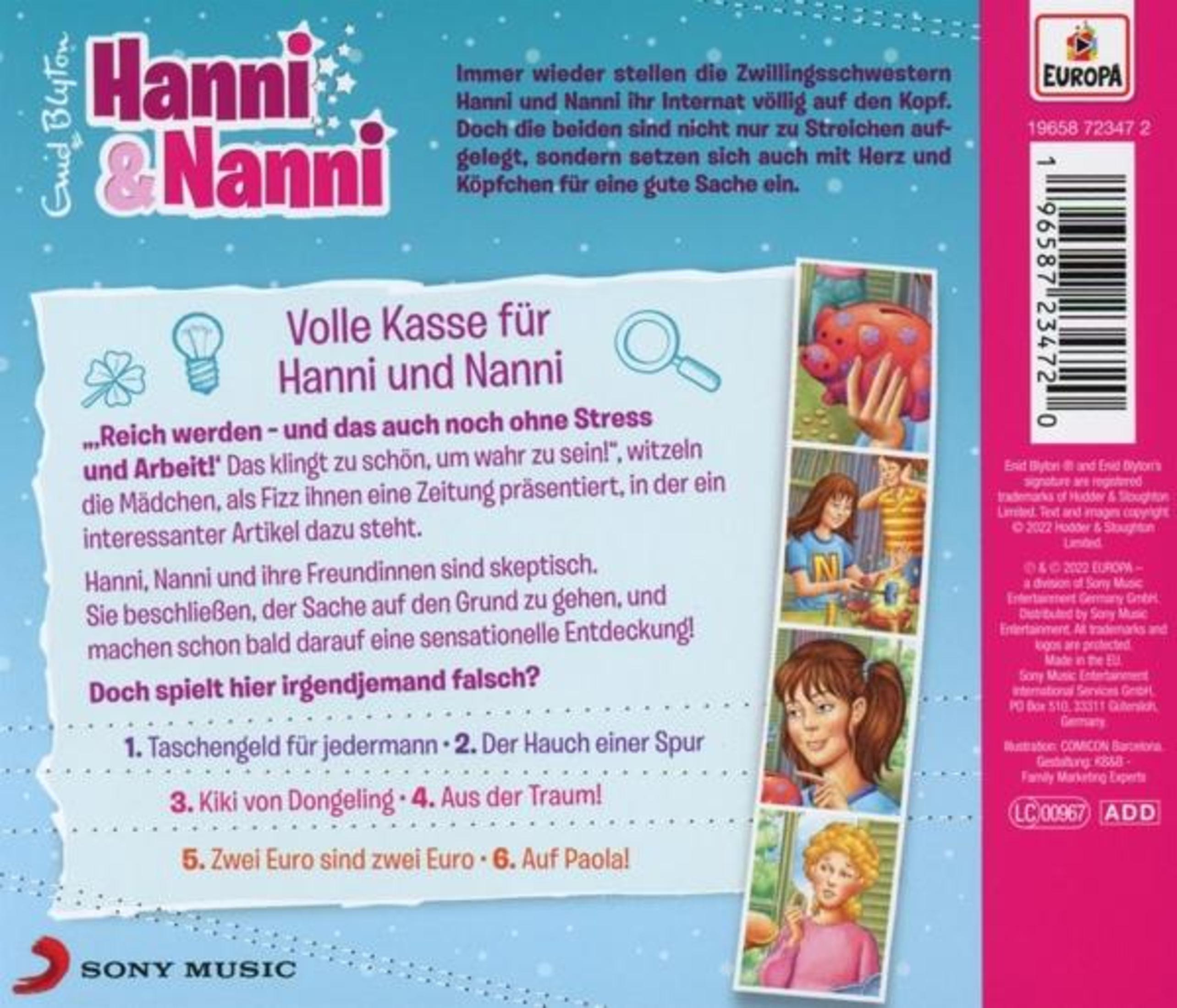 Rückseite des Hörspiels Hanni & Nanni mit Text, Inhaltsangabe und kleinen Illustrationen.