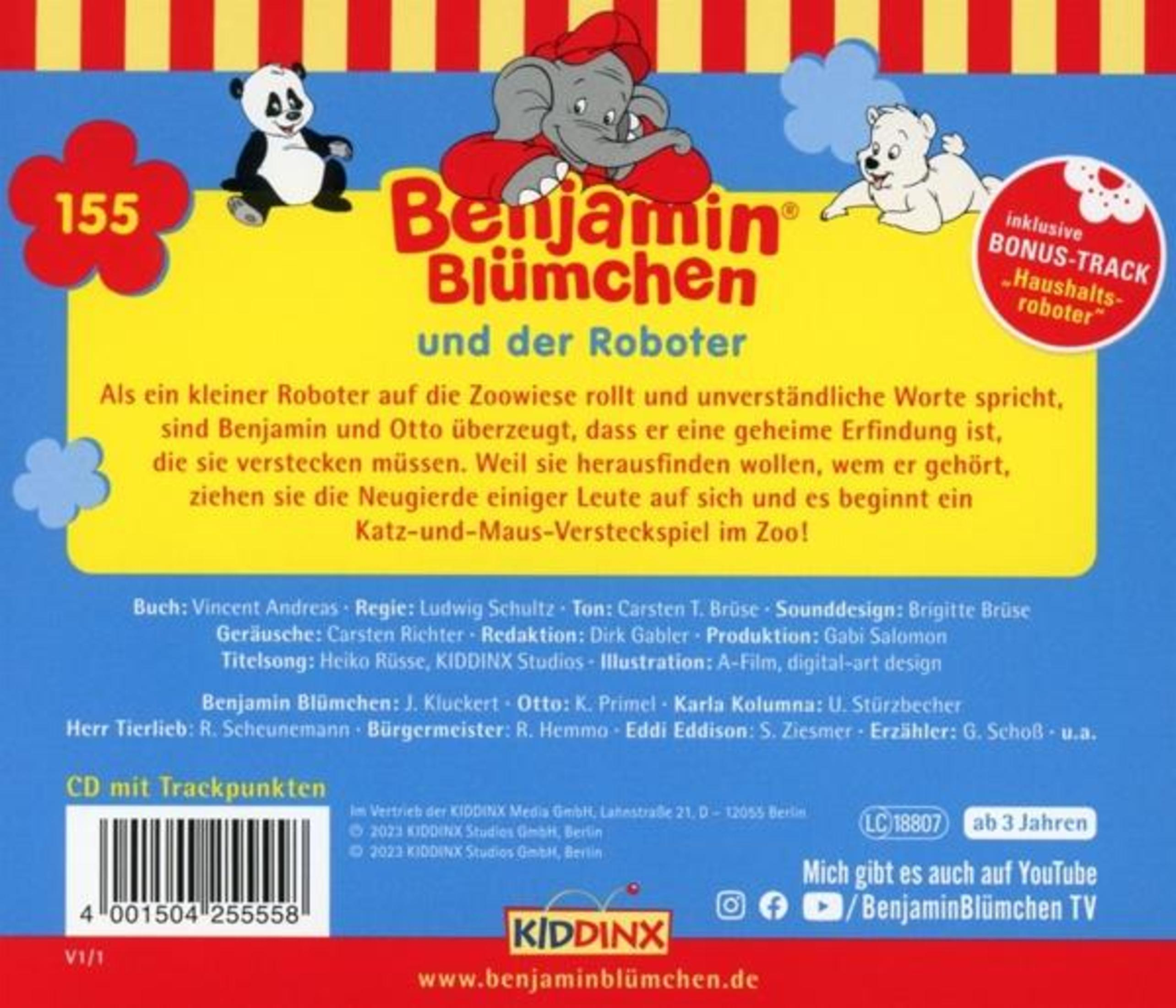 Benjamin Blümchen CD-Rückseite mit rotem Hintergrund, gelbem Text und Figuren oben.