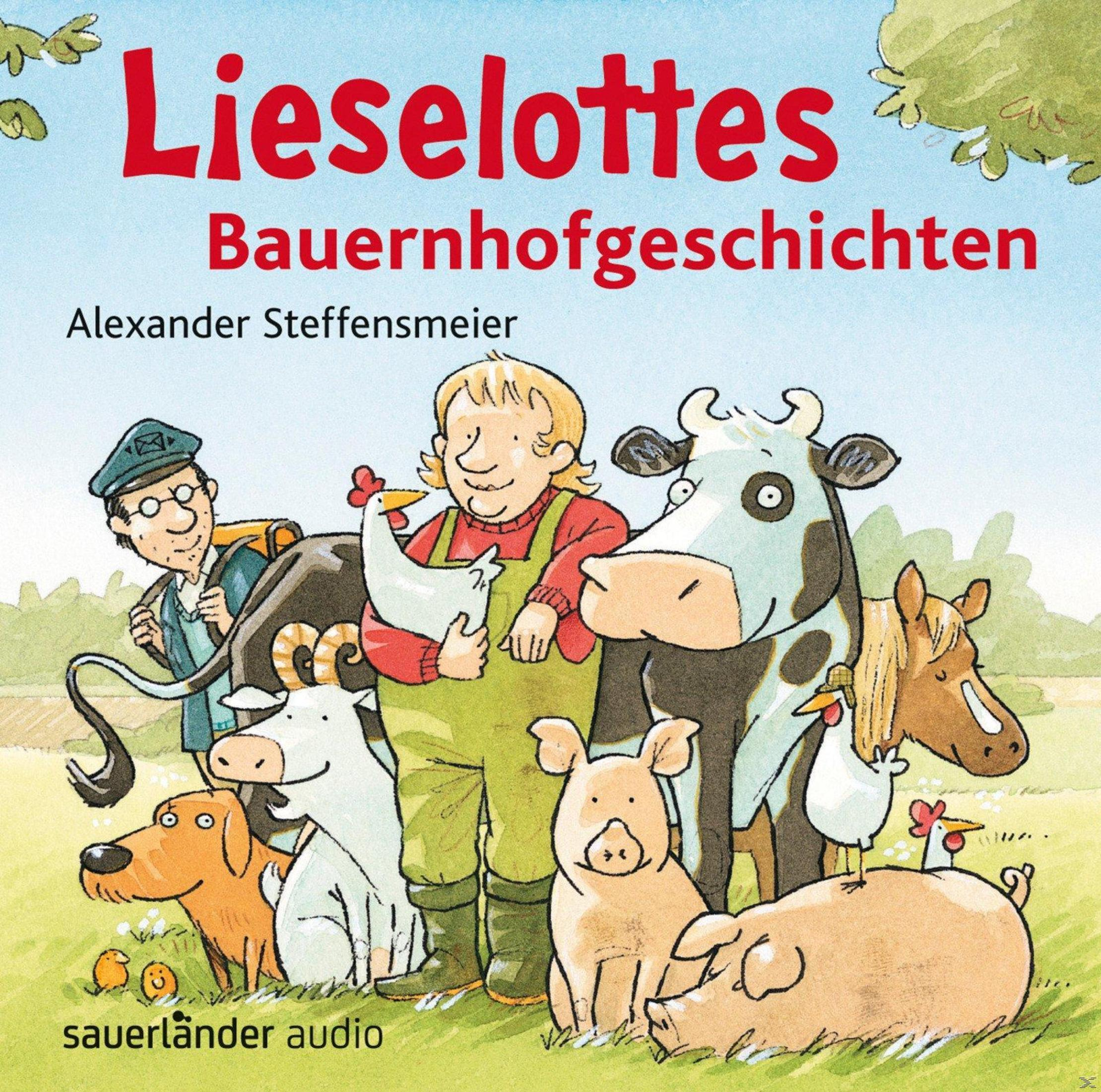 Buntes Kinderbuchcover mit dem Titel Lieselottes Bauernhofgeschichten, gezeichnete Tiere und Bauern.