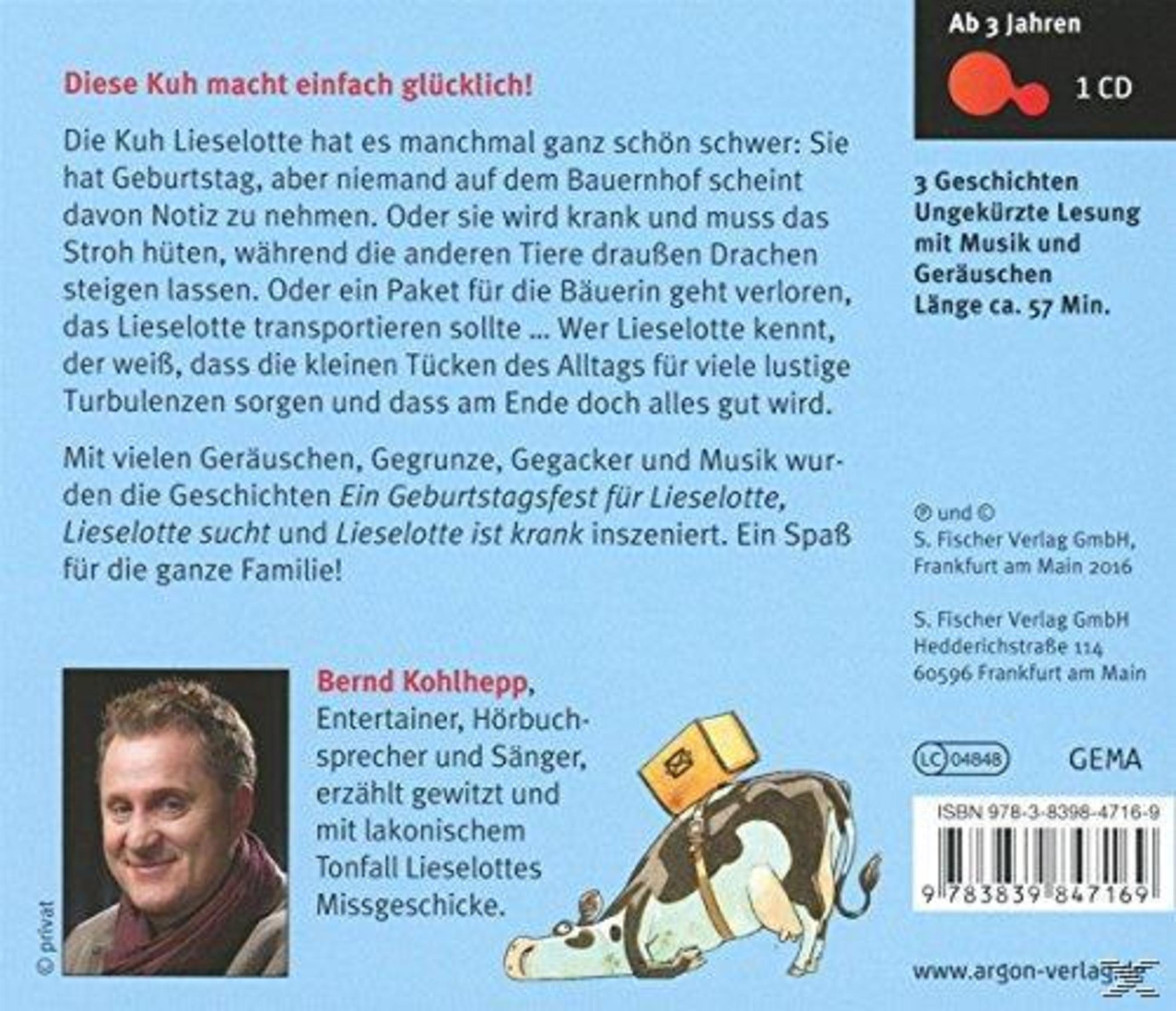 Rückseite einer Kinder-Hörbuch-CD mit Textbeschreibung, Porträt des Sprechers Bernd Kohlhepp und Kuh-Illustration.