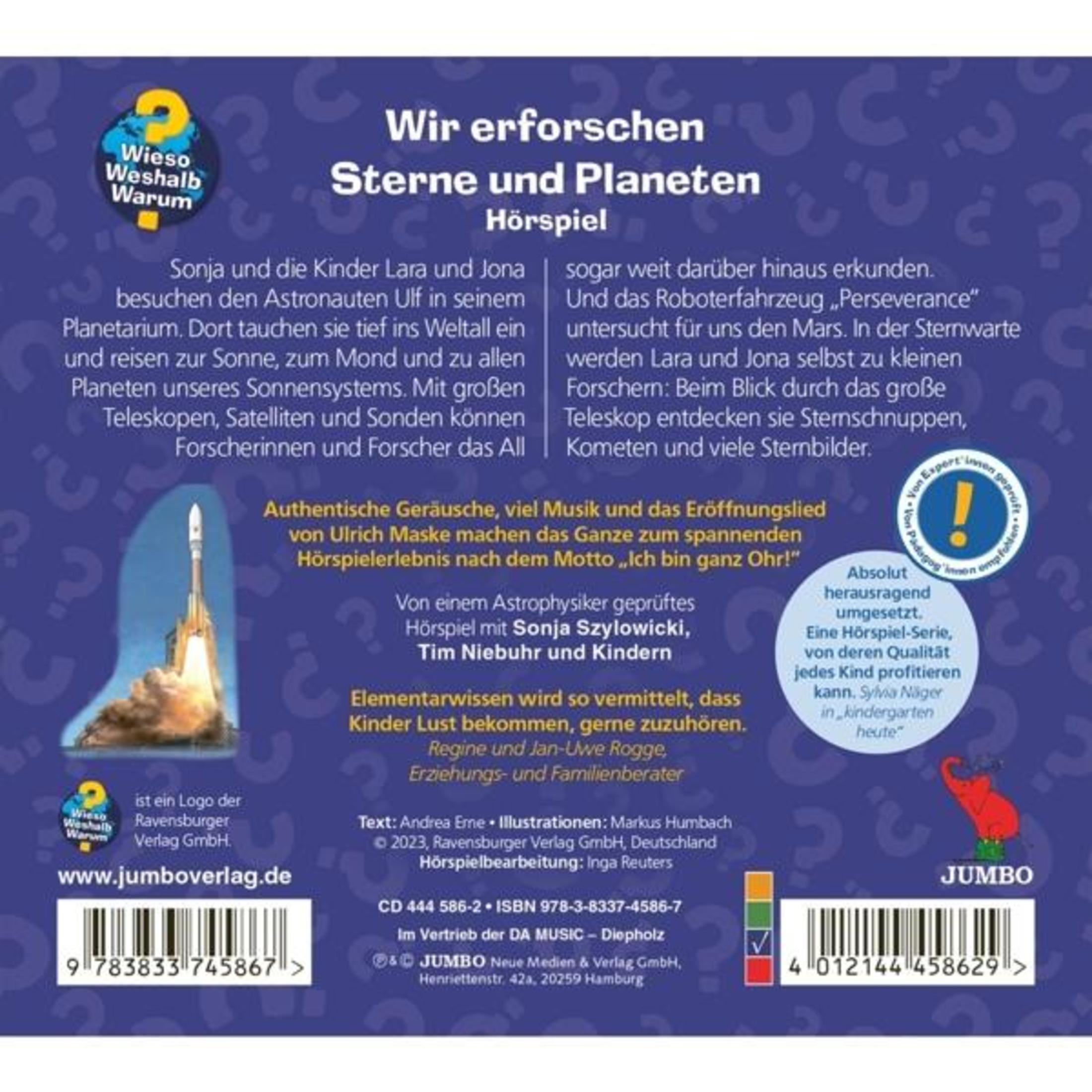 Rückseite einer blauen Hörspiel-CD für Kinder über Sterne und Planeten, mit Text und einer Rakete.