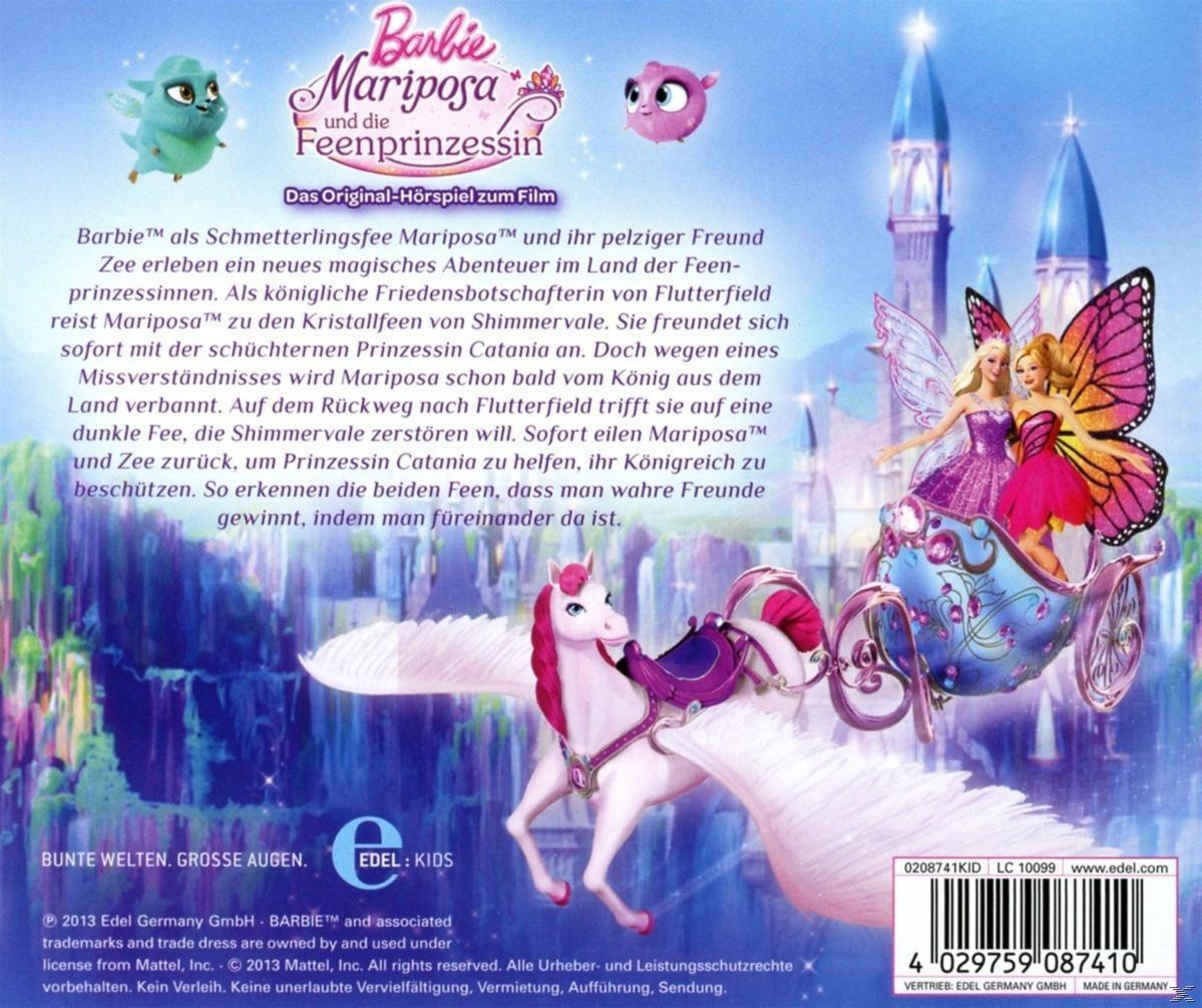 Barbie Mariposa CD-Cover mit Feen, einem geflügelten Pferd und einem Schloss vor magischem Hintergrund.