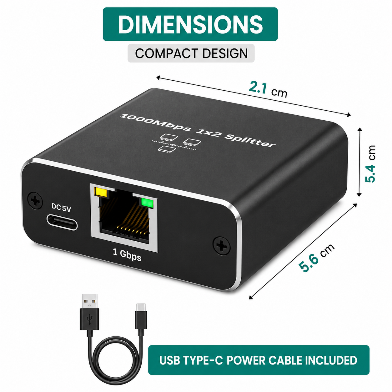 Schwarzer 1000Mbps 1x2 Splitter mit Abmessungen und beiliegendem USB-C-Kabel.
