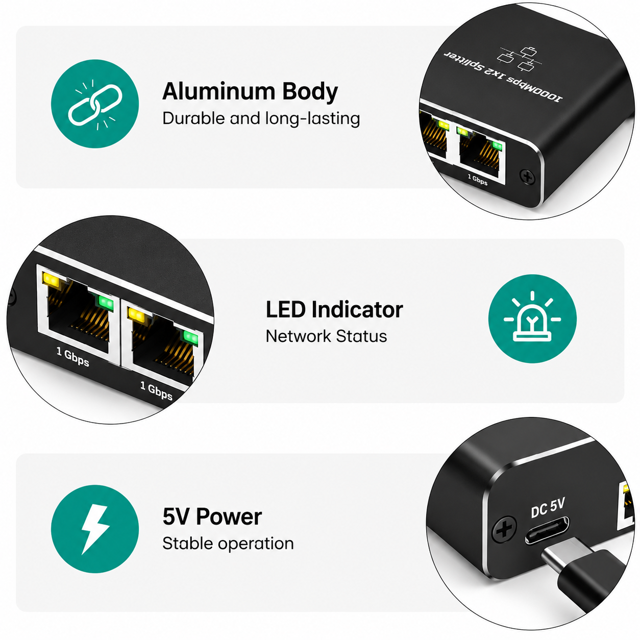 Produktmerkmale des Netzwerk-Splitters: Aluminiumgehäuse, LED-Anzeigen und 5V-Stromversorgung.
