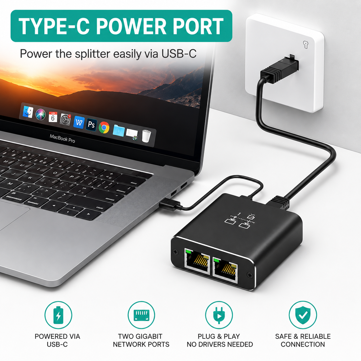 Ein Ethernet-Splitter verbunden mit einem MacBook Pro und einer Wandsteckdose.