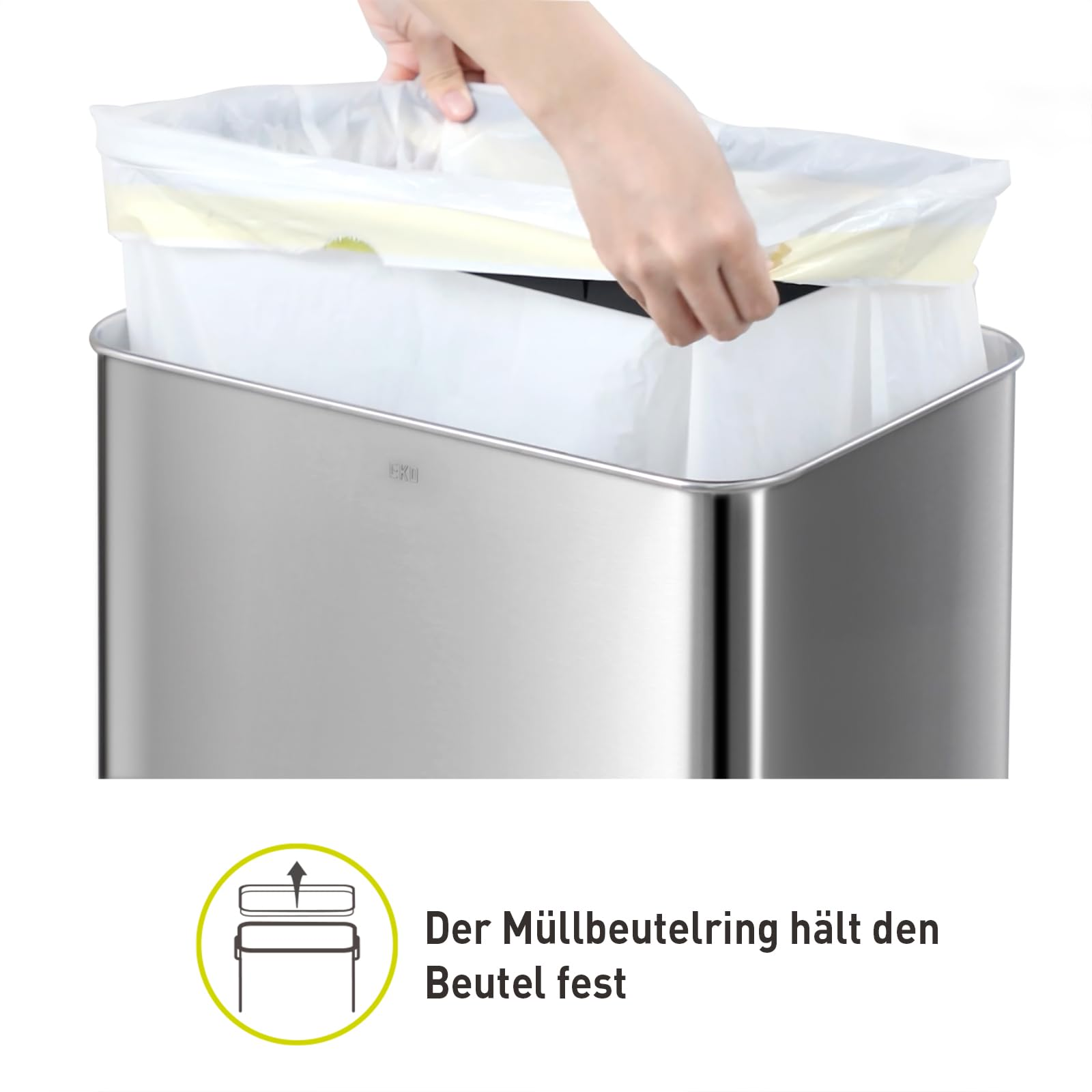 Ein Hände platzieren eine weiße Mülltüte in einen Edelstahleimer. Unten zeigt ein Diagramm, wie der Ring fixiert.