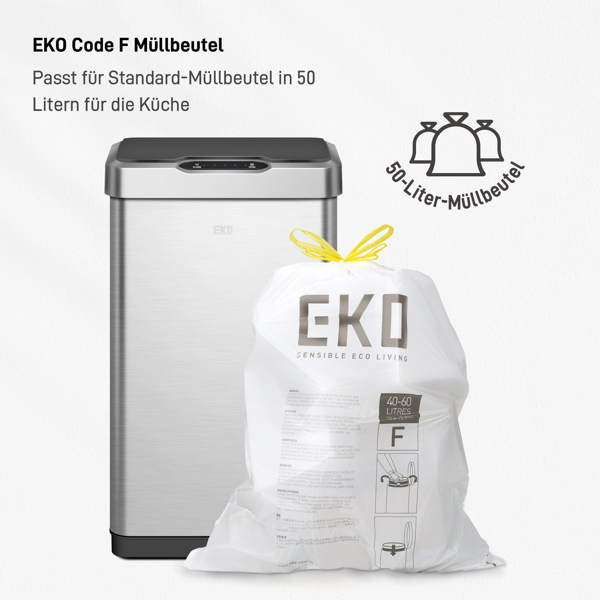 Silberner EKO Mülleimer neben einem weißen 50-Liter-Müllbeutel mit gelbem Zugband.