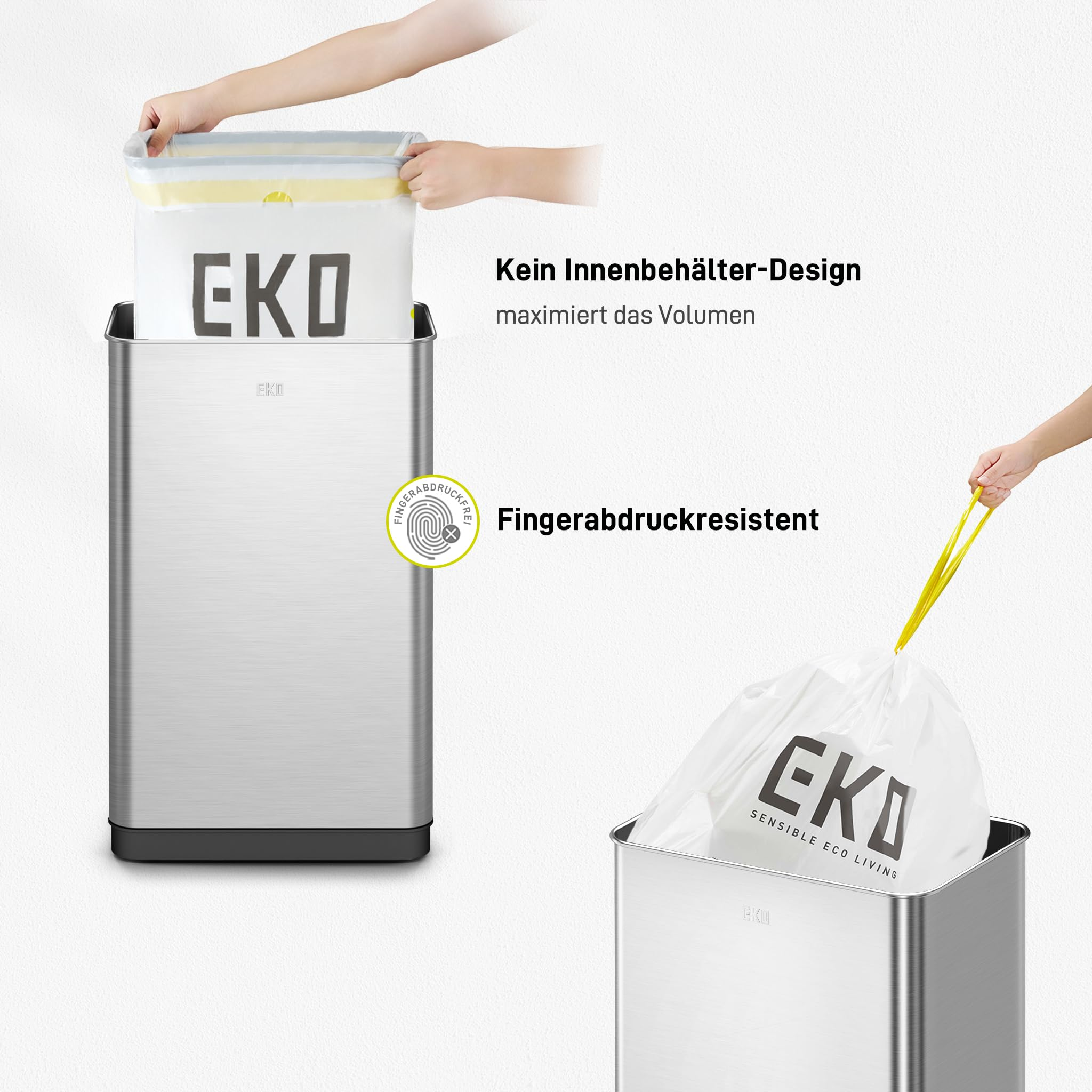 Edelstahl-Mülleimer mit EKO-Müllbeutel und Text über Design und Fingerabdruckresistenz.