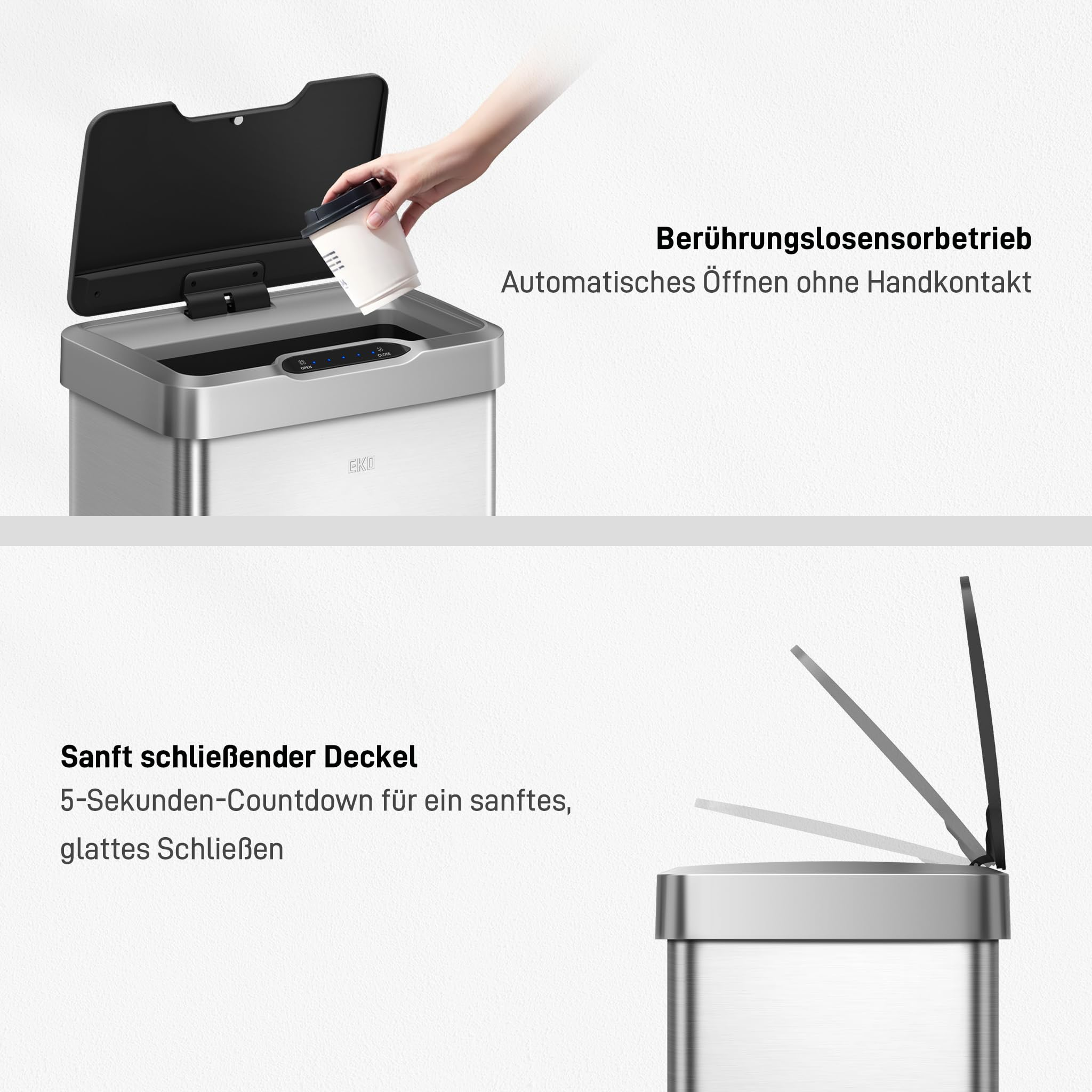 Edelstahl-Mülleimer mit berührungslosem Sensor und sanft schließendem Deckel.