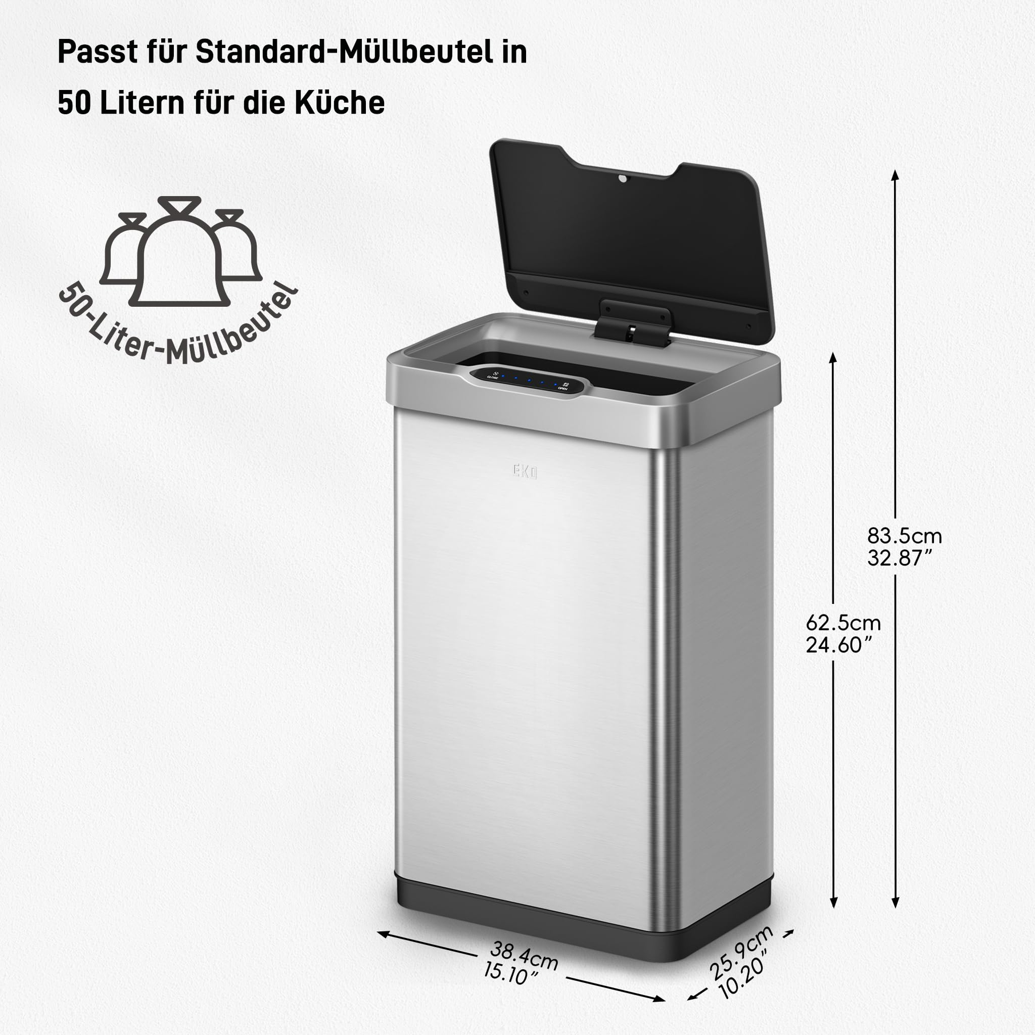 Silberner 50-Liter-Mülleimer mit offenem Deckel und Maßangaben.