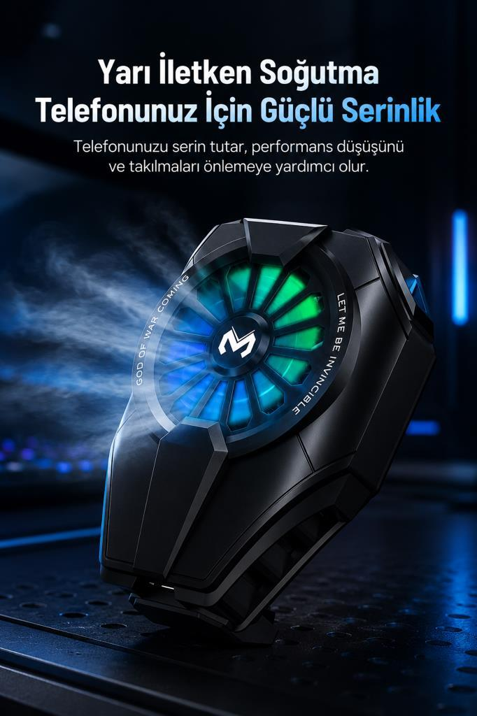 Yeşil ve mavi LED ışıklı, soğutma buharı yayan siyah telefon soğutucusu.