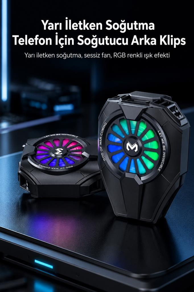 Üzerinde Türkçe yazılar bulunan, RGB ışıklı iki adet siyah yarı iletken telefon soğutucusu.