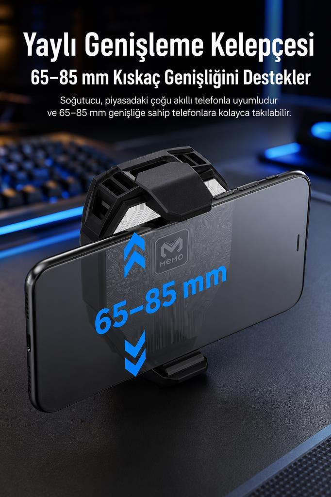 Arkasına takılı siyah 65-85 mm soğutma klipsi olan bir akıllı telefon.