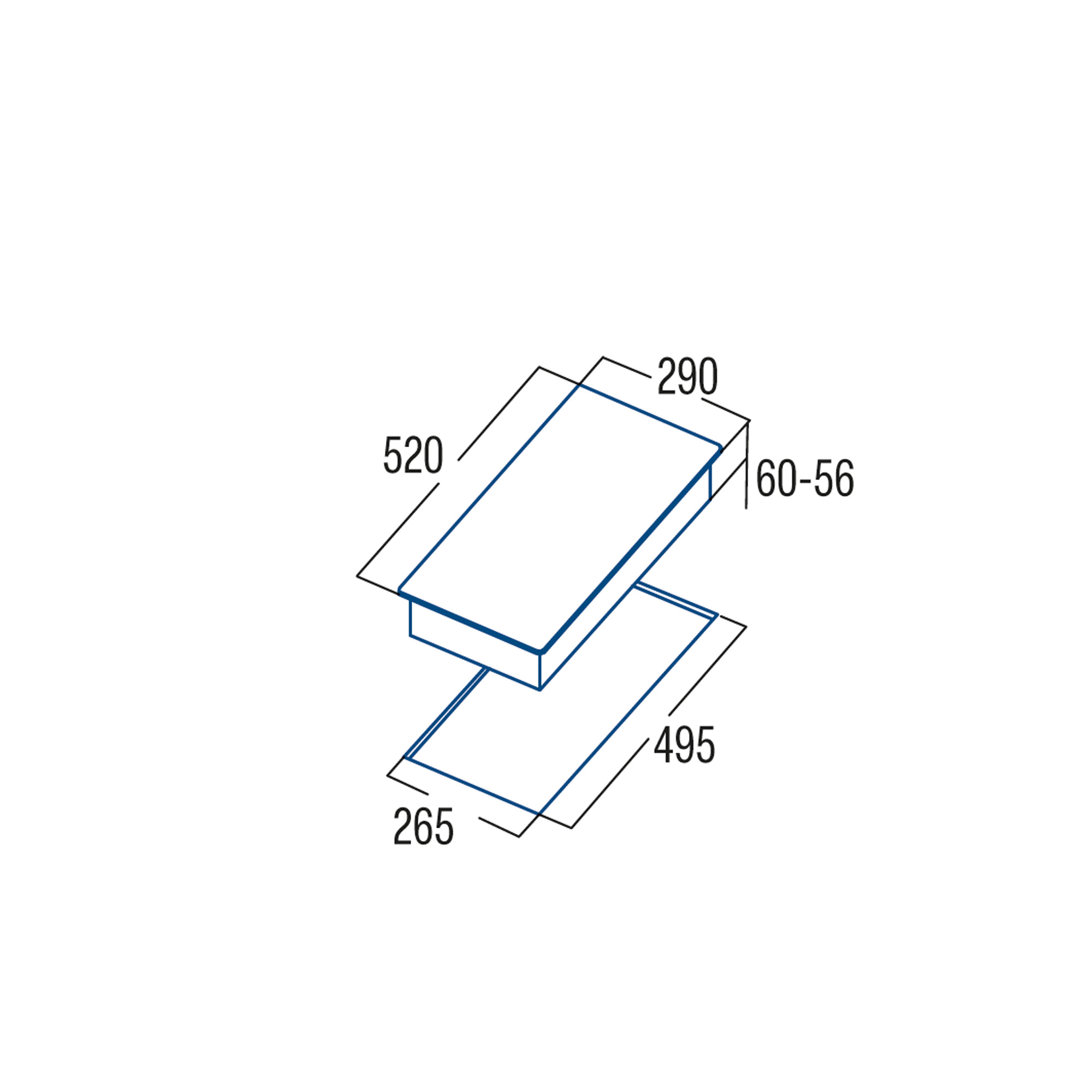 Plano técnico de un aparato rectangular con dimensiones 520, 290, 60-56, 495 y 265 en contorno azul.