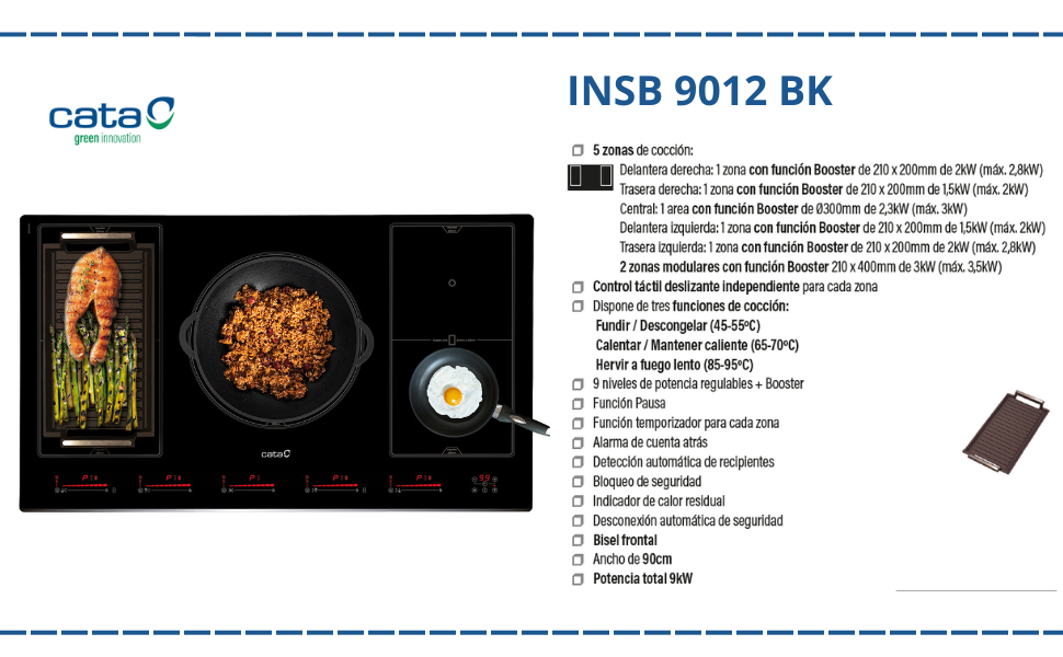 Placa de inducción negra Cata INSB 9012 BK con zonas de cocción y descripción técnica.