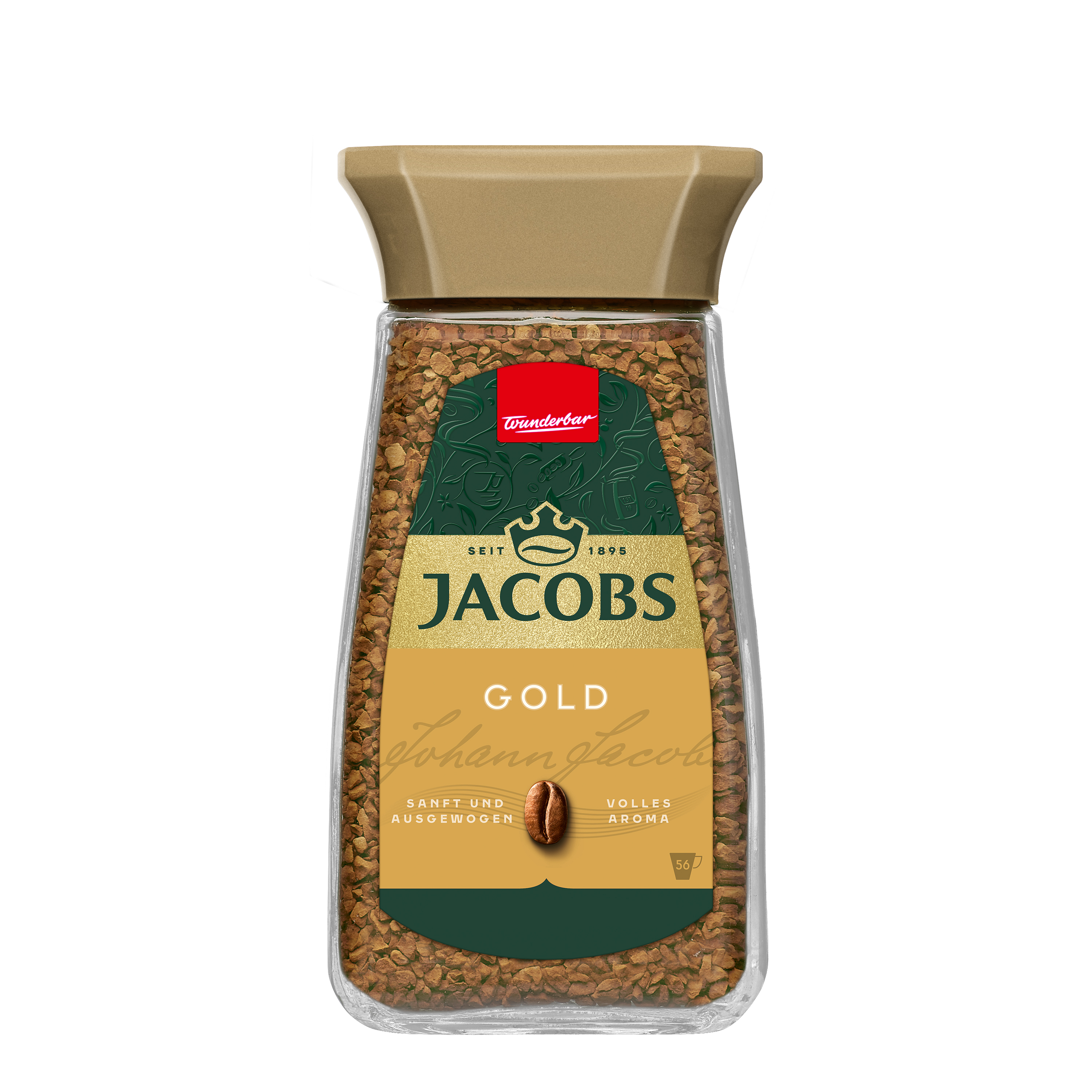 Ein Glas Jacobs Gold Instantkaffee mit braunem Deckel und grün-goldenem Etikett auf weiẞem Hintergrund.
