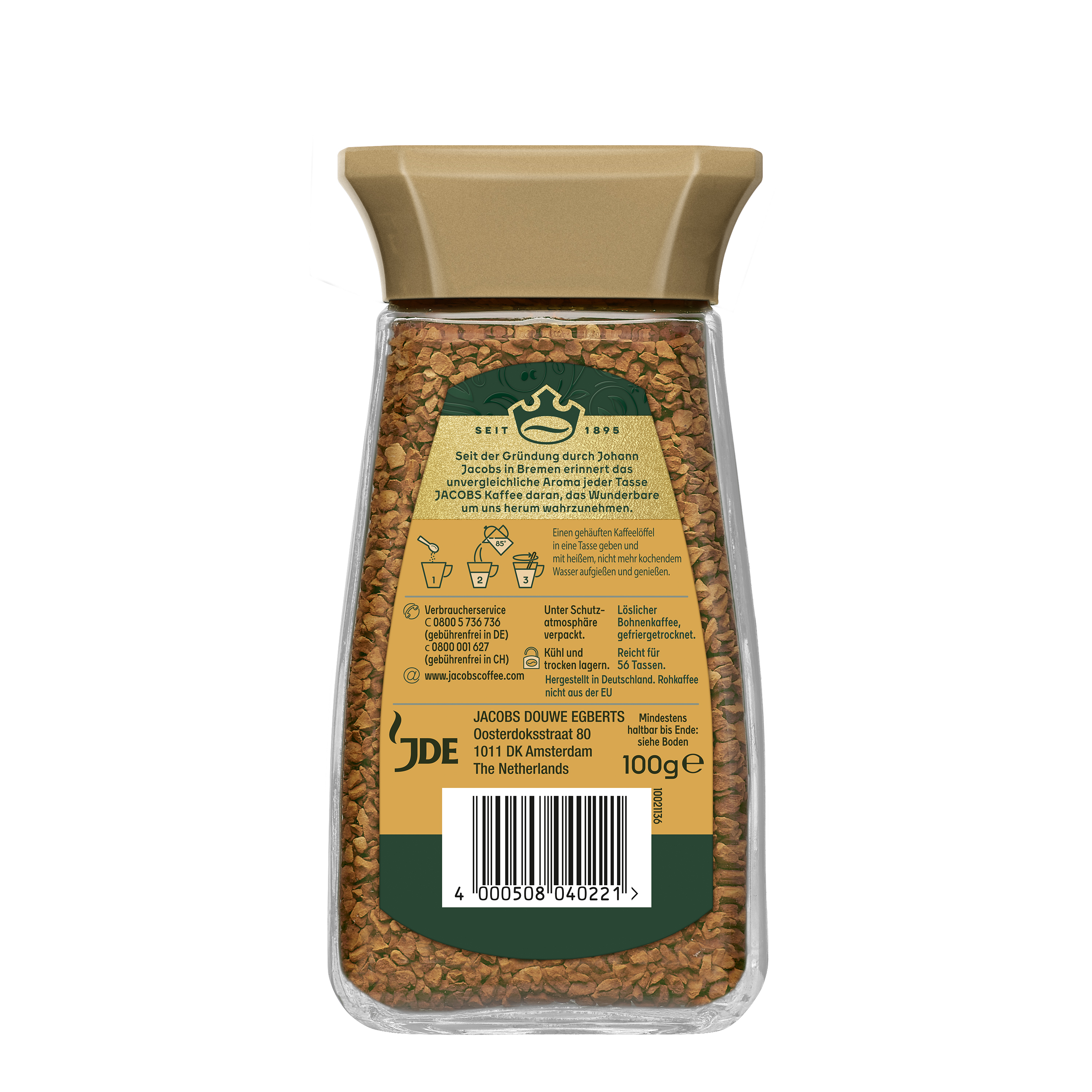 Rückseite eines Jacobs-Kaffeeglases mit Etikett, Zubereitungshinweisen und Strichcode.