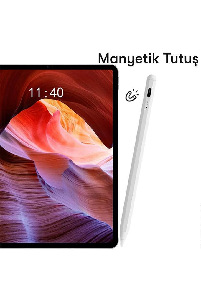 Renkli duvar kağıdı olan bir tablet ve yanında Manyetik Tutus yazısı ile beyaz bir kalem.
