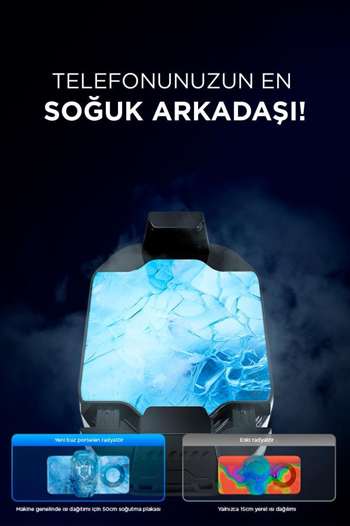 Mavi dumanlı arka planda siyah telefon soğutucusu, turkuaz buz dokusu ve Türkçe yazılar içeren bir reklam görseli.