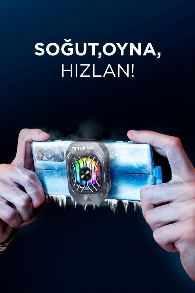 Akıllı telefon arkasına takılı soğutucu, ellerle tutulan, buz ve buhar efektli, üzerinde Türkçe metin.