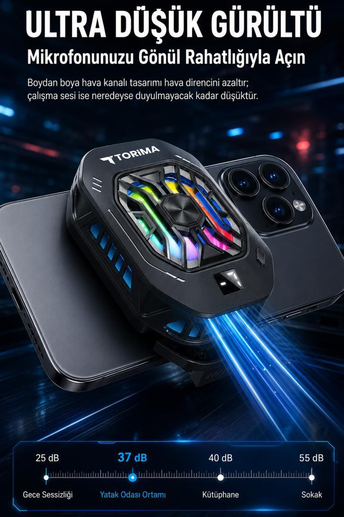 RGB aydınlatmalı Torima telefon soğutucusu akıllı telefona monte edilmiş, arka planda yazılar var.