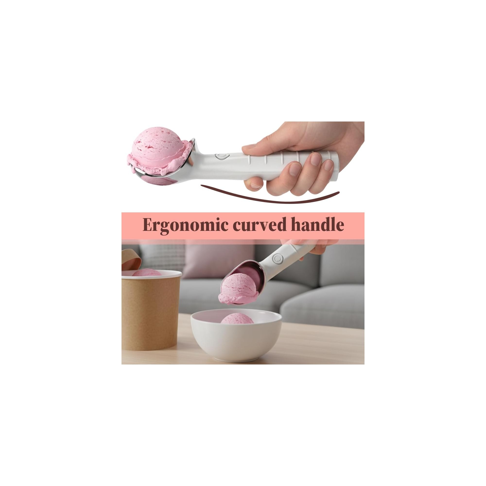 Eine Hand hält einen ergonomischen, weißen Eisportionierer mit rosa Eis vor weißem Hintergrund.