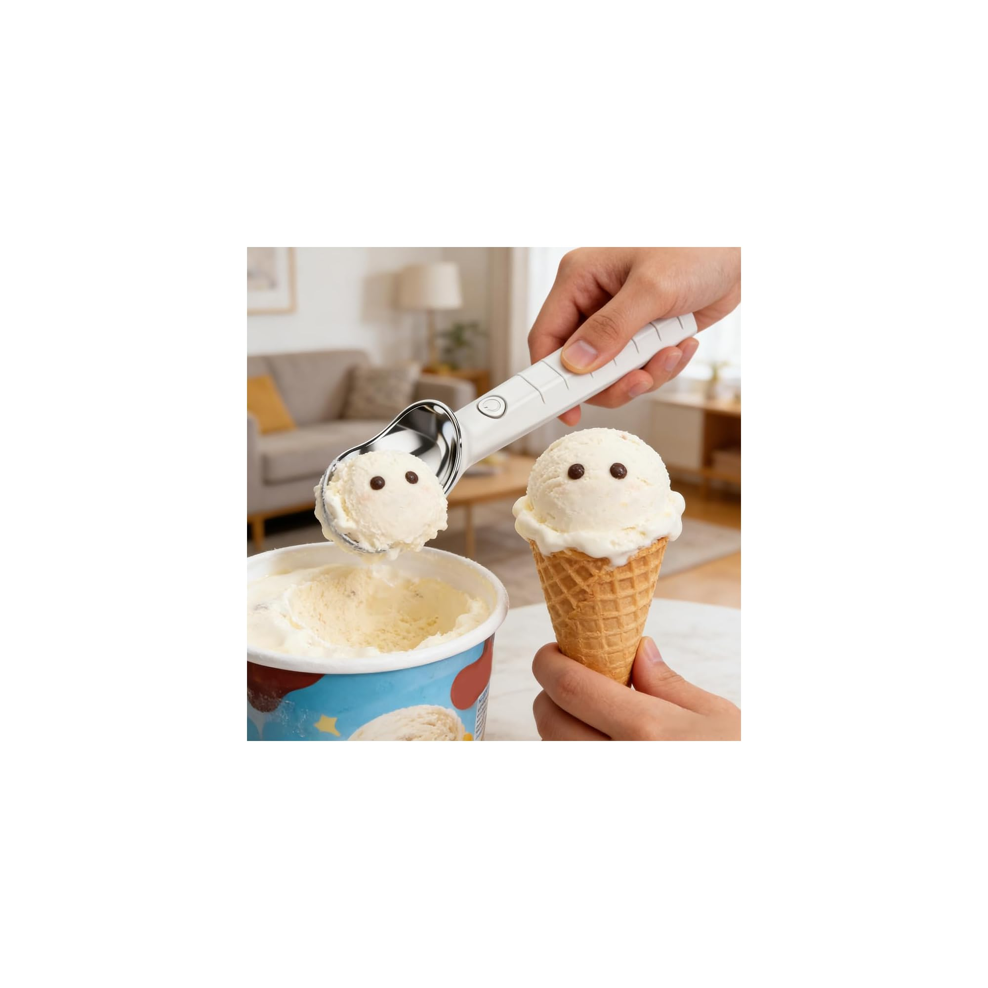 Eine Hand schöpft Vanilleeis in eine Waffel, mit einem Eisbecher im Vordergrund und einem Wohnzimmer dahinter.