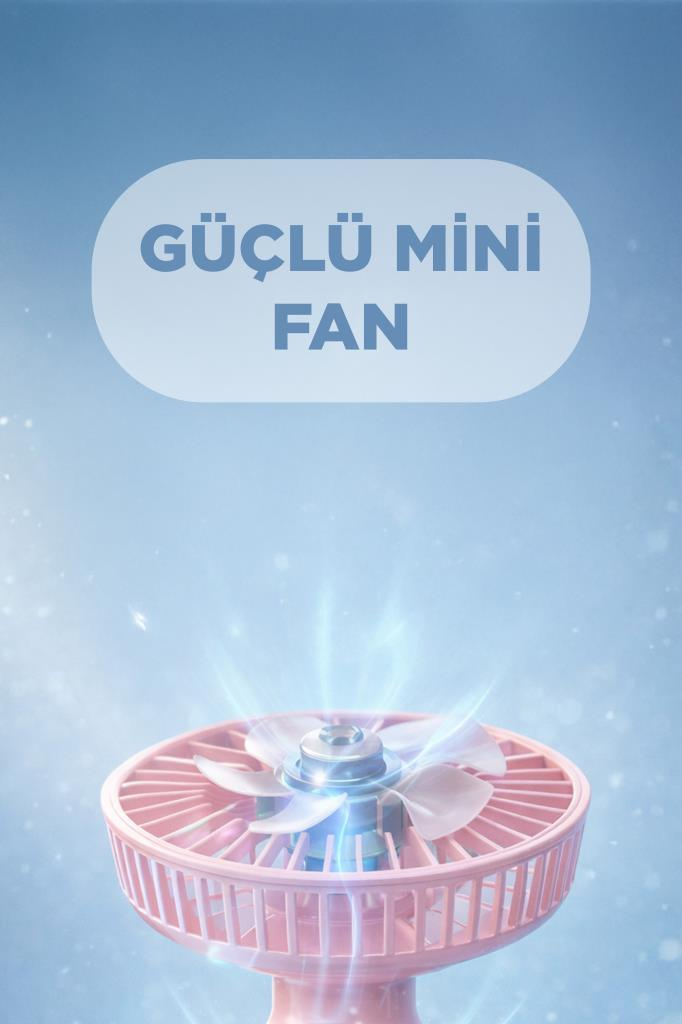 Mavi arka plan önünde GÜÇLÜ MİNİ FAN yazılı küçük pembe fan.